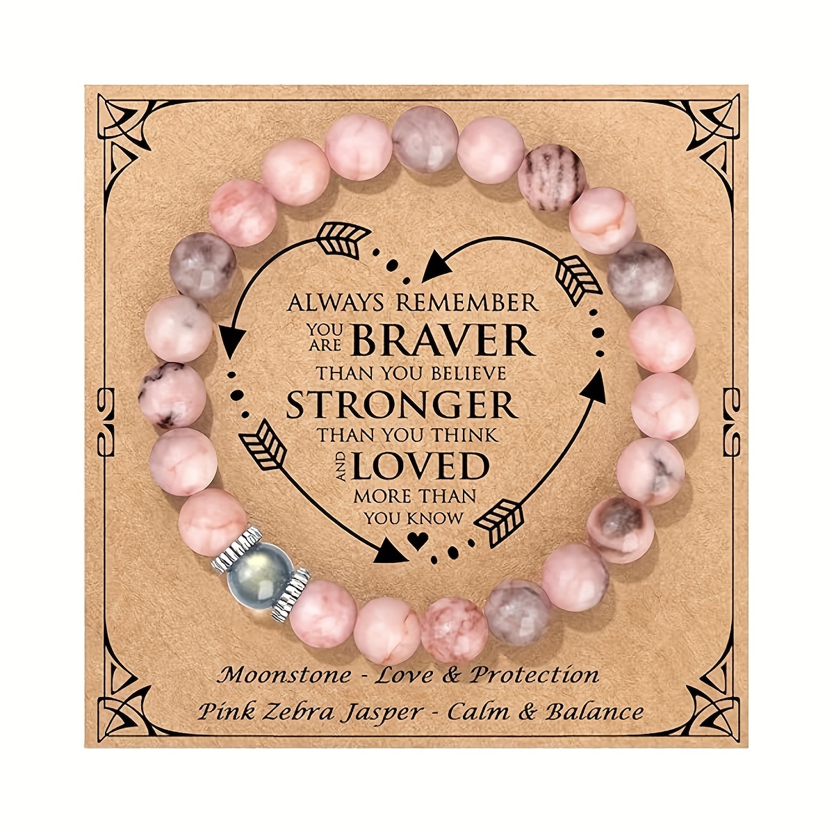 

& Pink Zebra Jasper Bead Bracelet, Elegant Handmade Jewelry For Women, Inspirational Engraved Charm
