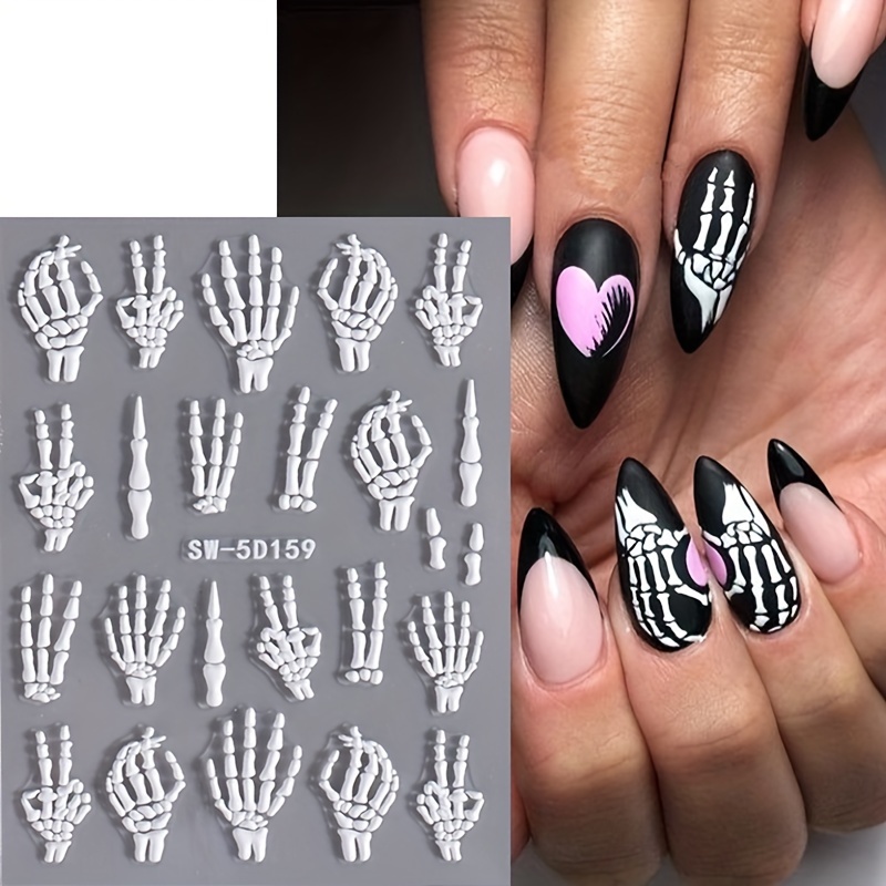 halloween 5d embossed skull hand nail art stickers self adhesive sparkle finish diy manicure decals for festive nail designs nail stickers for nail art nail decorations details 4