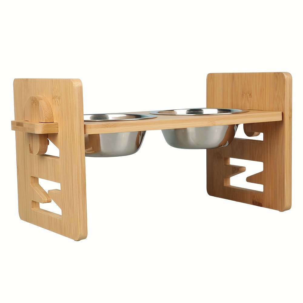 Image of Adjustable Elevated Dog Bowl Set With Bamboo Stand | 2 Stainless Steel Bowls For Neck & Joint Health | Feeding Station For Small, Medium & Large Dogs (40x18x20cm, Ergonomic Height)