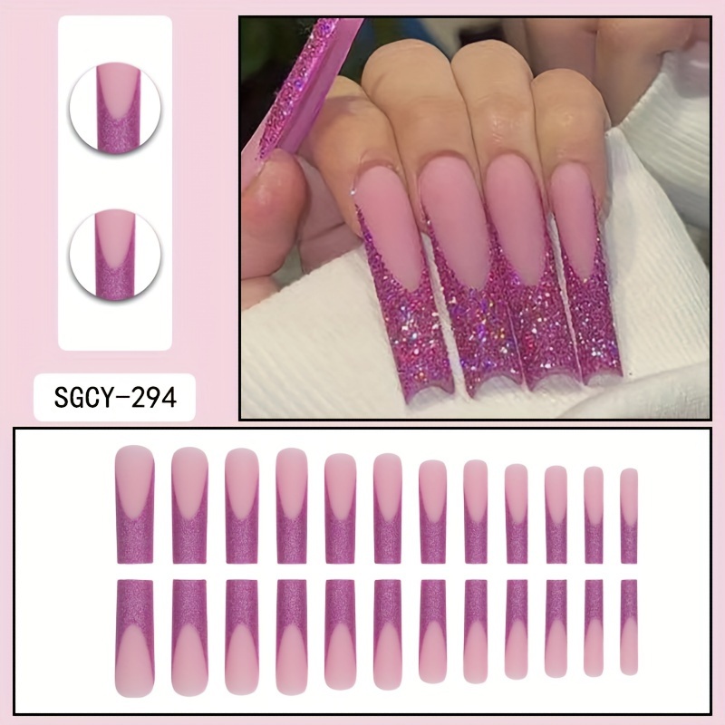 Image of 24pcs Of Super Long Coffin Frosted Purple French Pattern 3d Rhinestone Decoration Full Set Of Abs False Nail Set, 1 Random Color Nail File And 1 Party To Upgrade Your Look