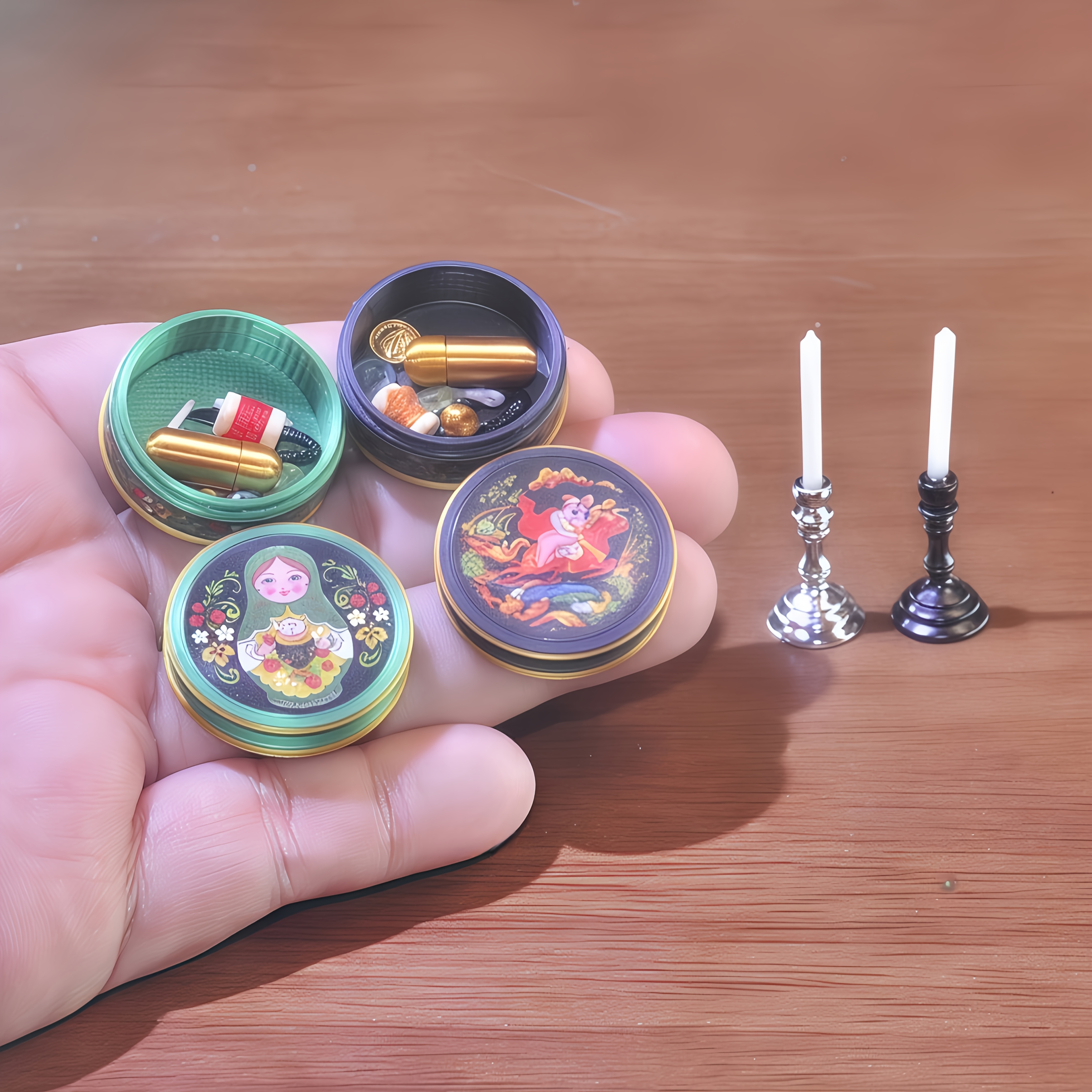 

2pcs Vintage Miniature Sewing Box & Candlestick Set, 1:6 Scale - Colorful Dollhouse Accessories With Designs - Ideal For Dollhouse Decor & Unique Gifts