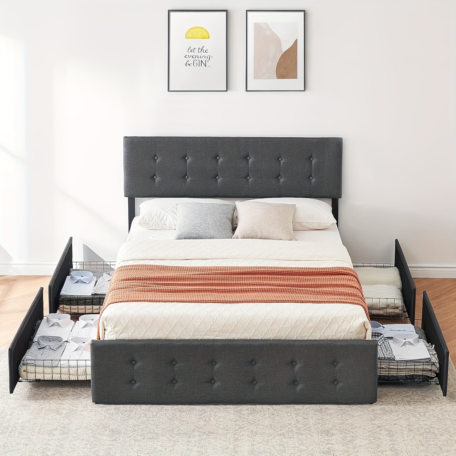 

Full Size Bed Frame With 4 Storage Drawers And Adjustable Headboard, Linen Upholstered Platform Bed Frame, Diamond Stitched Button Tufted, No Box Spring Needed (dark Grey)