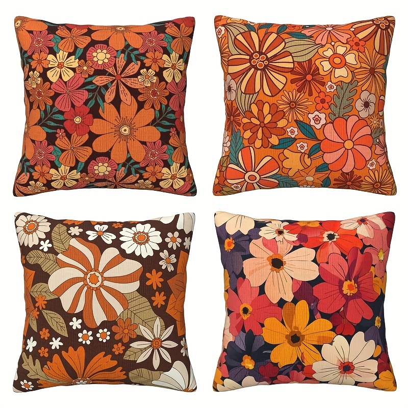 

Ensemble de 4 Housses de Coussin Chic - Mélange de Lin Moderne, Housse de Coussin Carrée Zippée avec Design Floral Rétro Groovy pour Canapé, Chambre, Salon & Décoration de (16x16, 18x18, 20x20 Pouces)