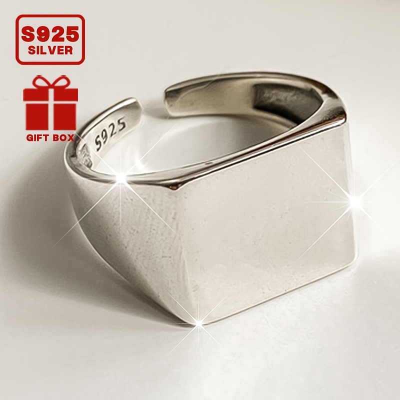 

Adjustable Open Band Ring For Women - Geometric Square Design, Unisex Fashion Wide Face Silver 925 Ring, 3.2g - Suitable For , Parties, Ideal Gift For