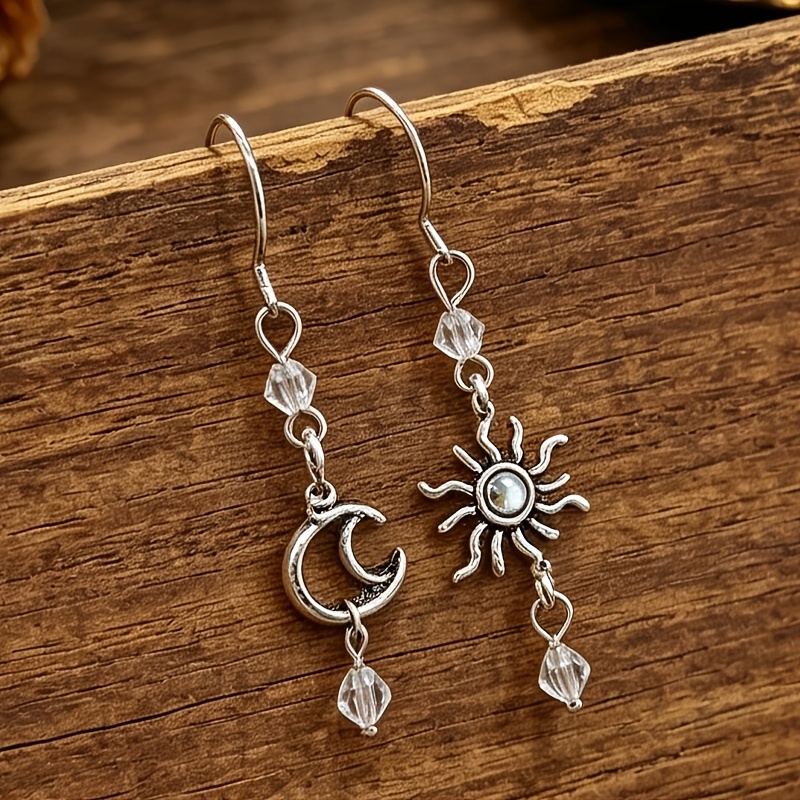 TEMU 1 Par de Aretes Asimétricos de Estilo Bohemio con Colgante Largo de Luna y Sol en Resina, Aleación de