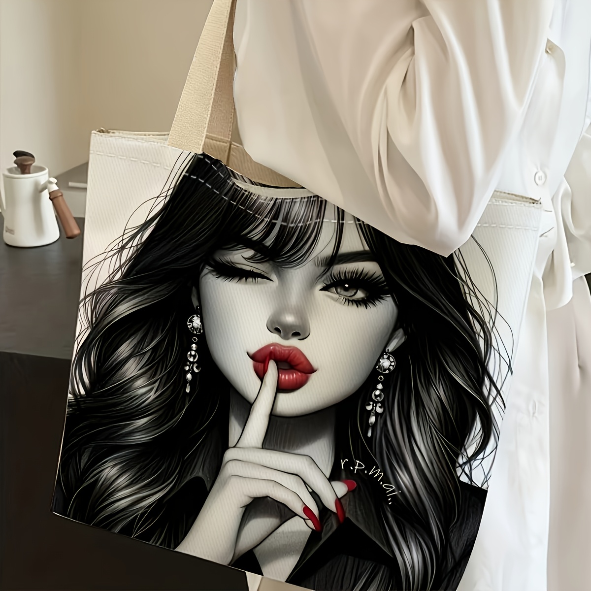 TEMU 1pc, 2d Flat, Shoulder Bag, Black And White And Red Pattern Women's Shoulder Bag, Multi-functional Handbag, Reusable, Christmas, Halloween,