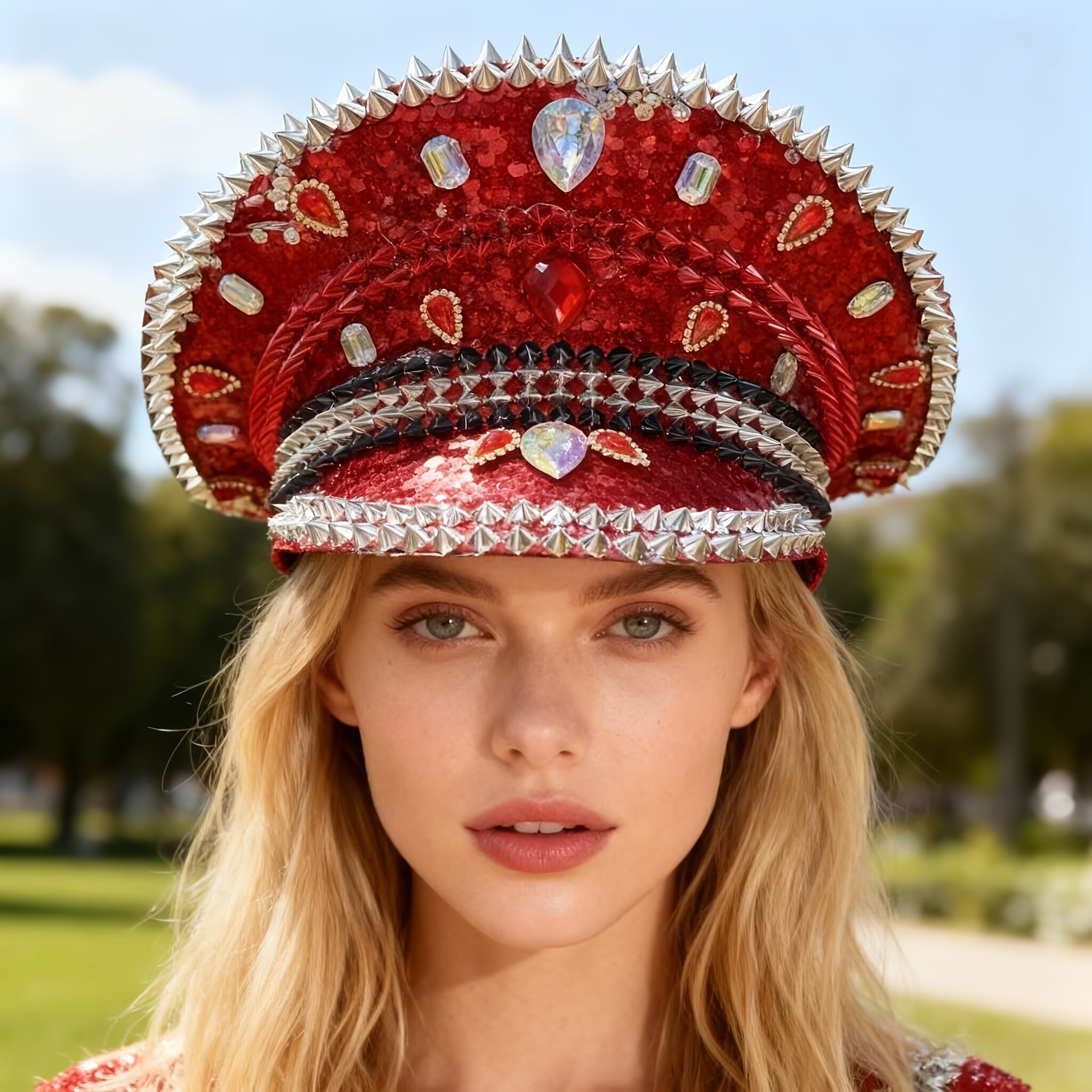 red bling steampunk captain hat - sparkling military cap for  display picture 1