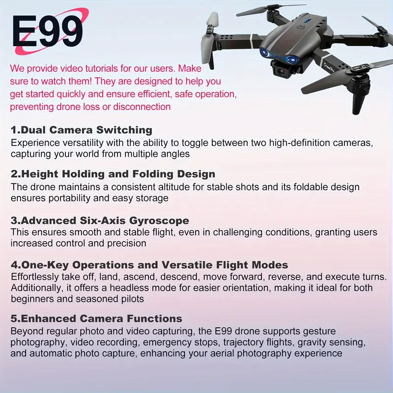 stable flight new e99 quadcopter uav drone dual hd cameras auto photo capture one click launch gravity sensing altitude hold perfect for beginners mens gifts and teenager stuff details 0