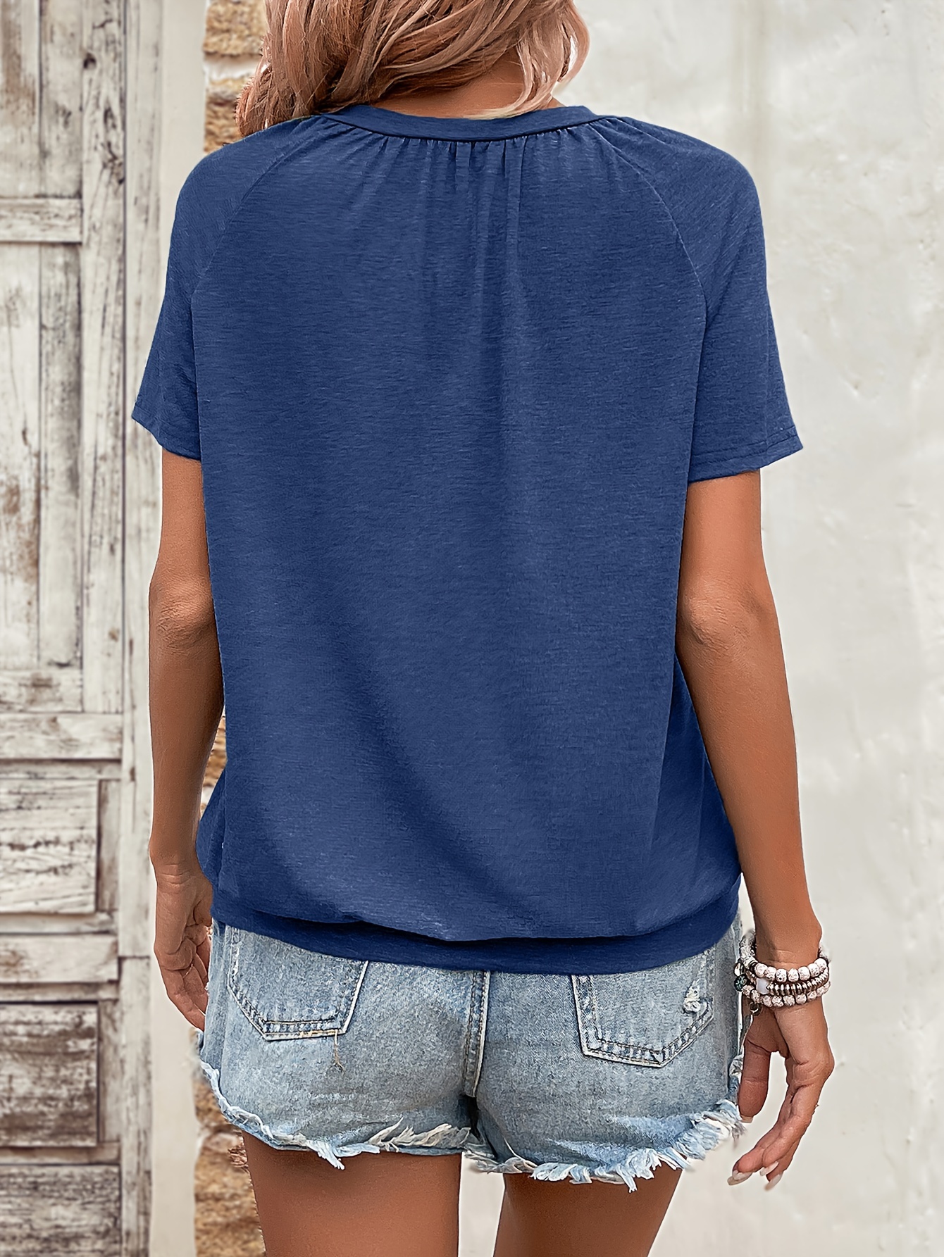 Solid Color V Neck T-Shirt, Casual Short Sleeve T-Shirt For Spring & Summer, Women's Clothing