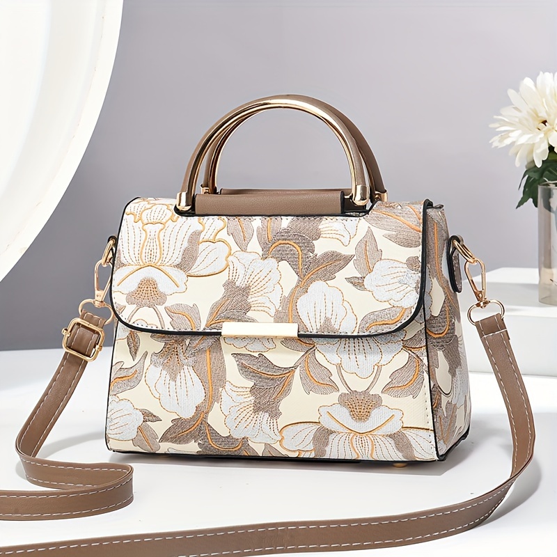 Floral Embroidered Crossbody Bag, Large Capacity with Zipper Closure, Polyester Lined, Versatile Commuter Handbag, Luxurious & Fashionable Design, Edge Paint Detail - Available in Black, Beige, Pink, Khaki, Green