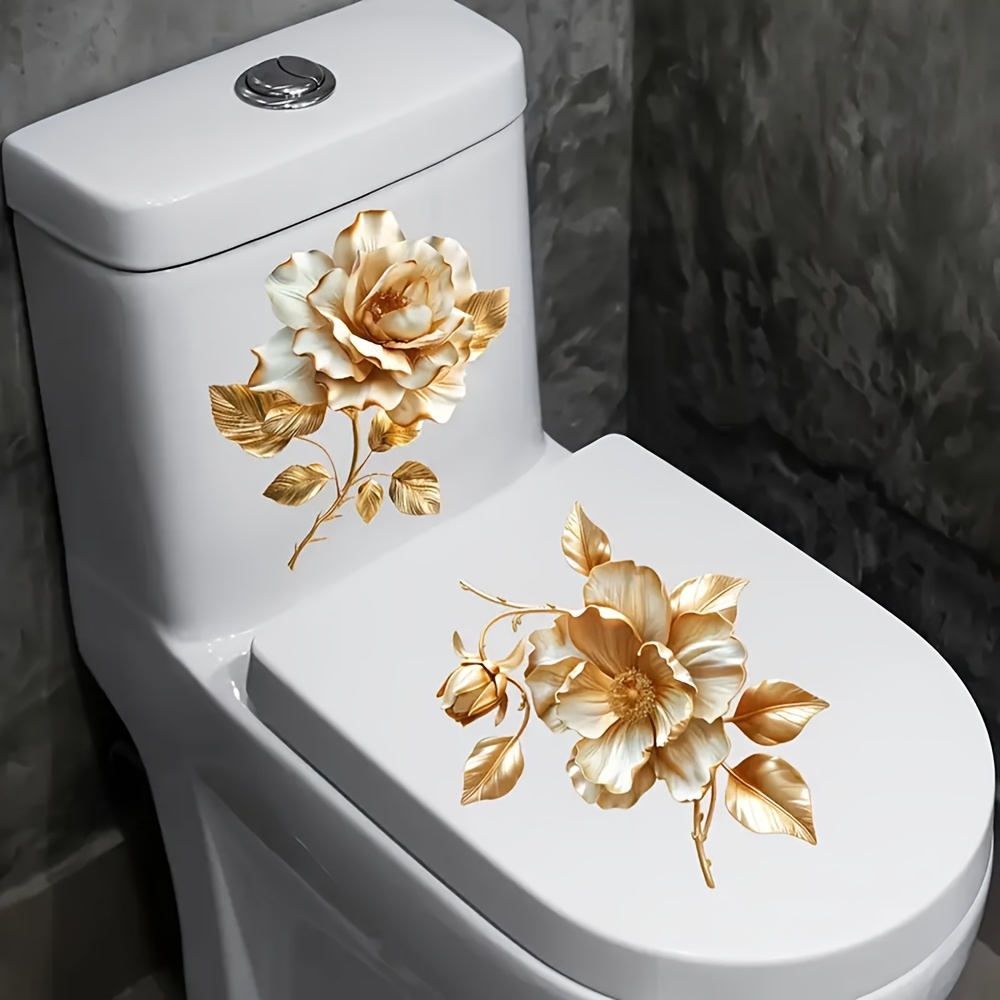 

2pcs Golden Rose Self-adhesive Decals - Waterproof, Pvc Stickers For Bathroom, - , Decorative Sticker,