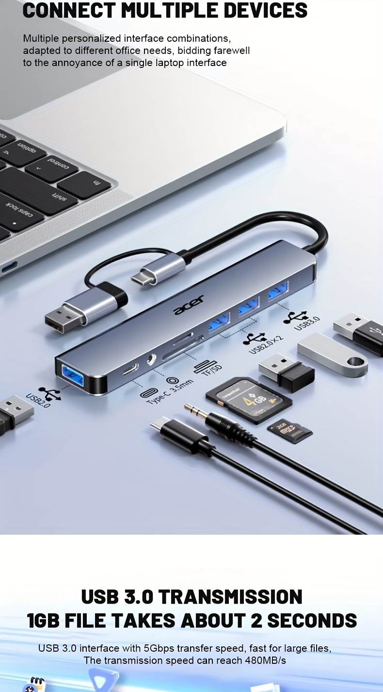 Acer HY41-T8 8-in-1 USB-C/USB Dual Interface Expansion Dock with 480Mbps Speed, USB-C Type-C/USB-C Dual Ports, Usb-c Hub