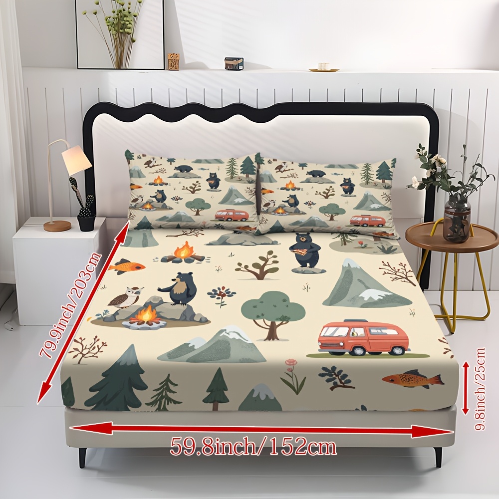 TEMU 3pcs Ensemble de couette avec illustration de carte d' de camping avec 2 taies d'oreiller Surface de sommeil anti-poussée pour du corps noyau
