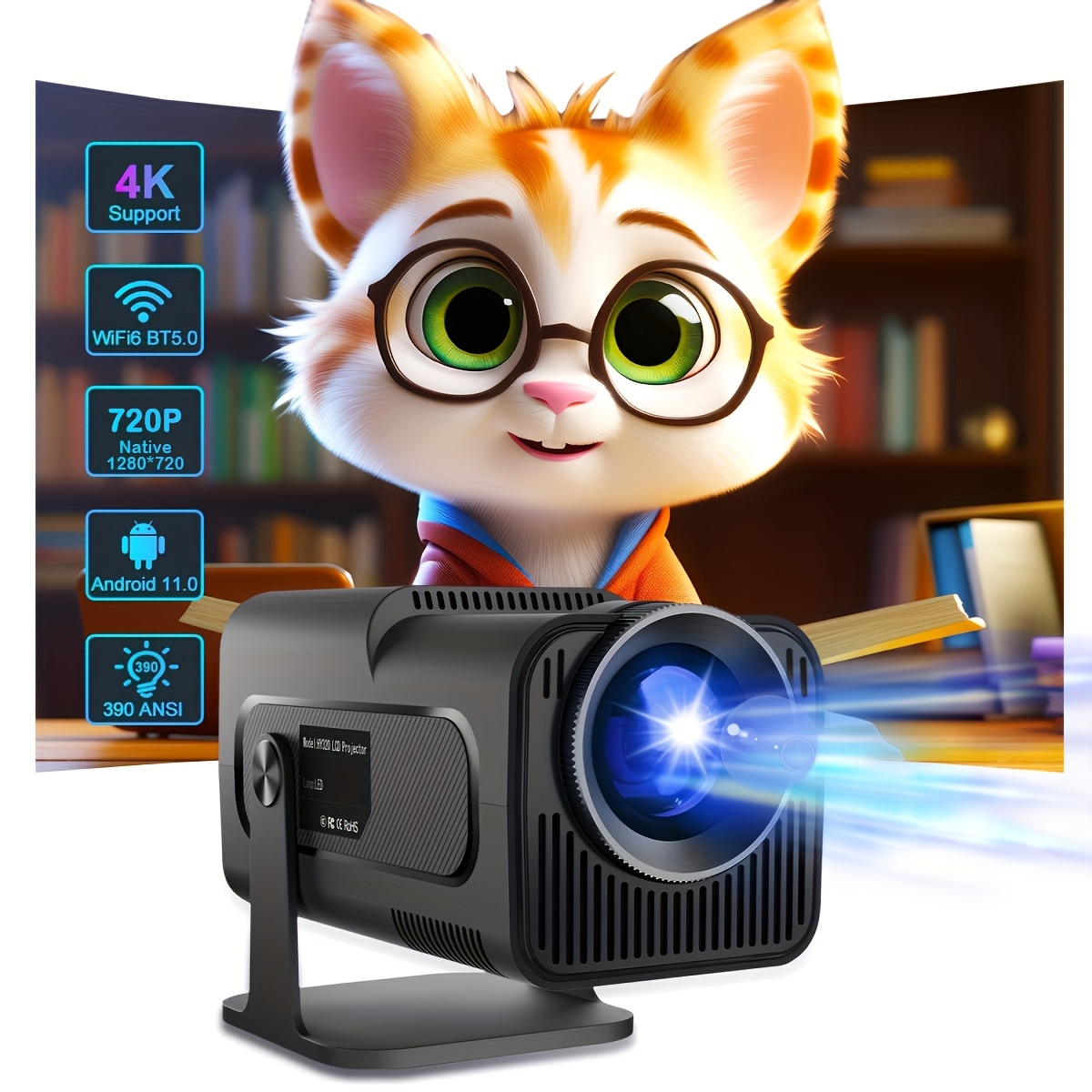 TEMU Support 4k Native 720p Portable Projector - 180° Rotatable, Android 11 Smart System, 390ansi Lumens, Essential, Lightweight & Durable