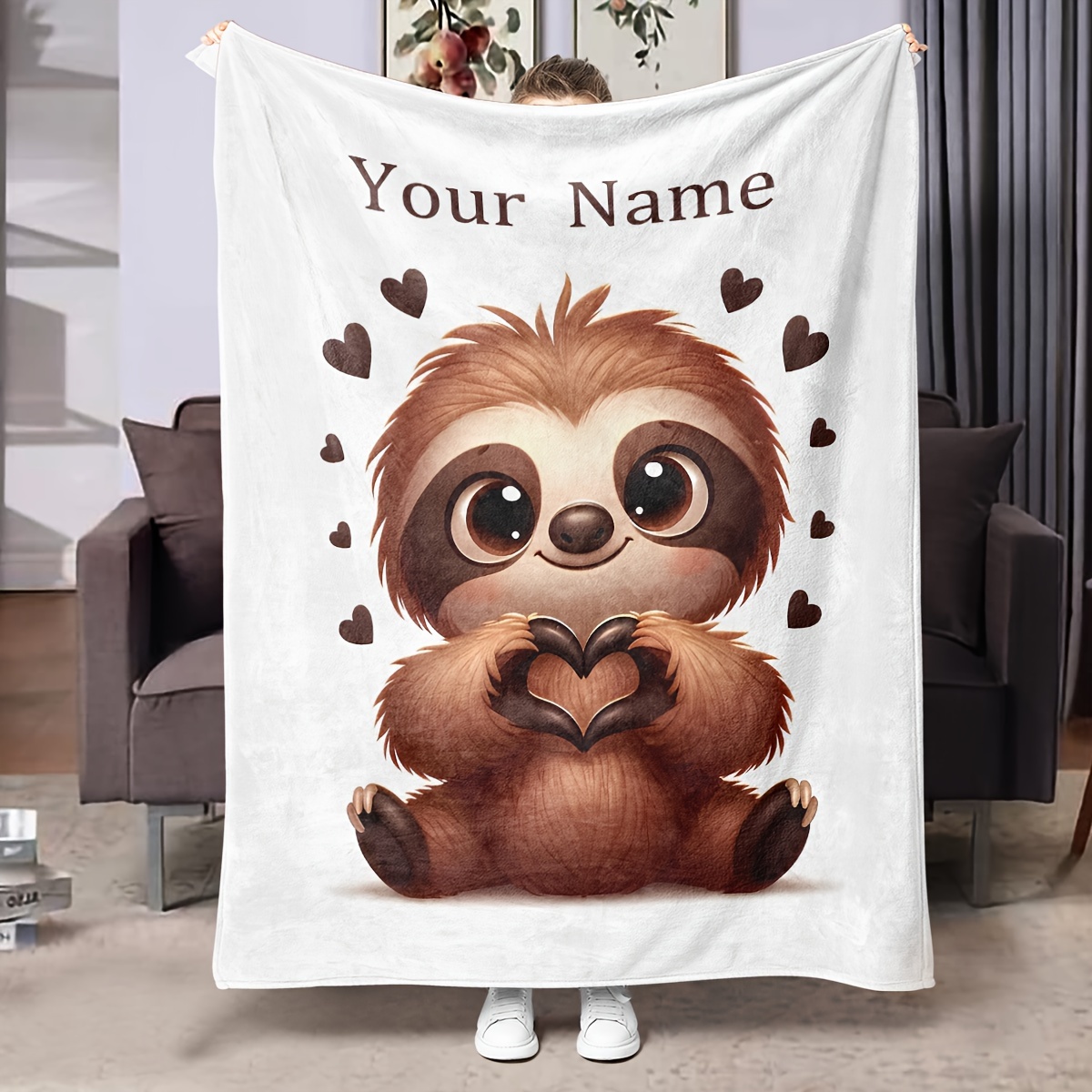 

Customizable Name Personalized Sloth Heart Pattern Throw Blanket, Contemporary Style, Knitted Polyester, Animal Theme, , Nap Blanket