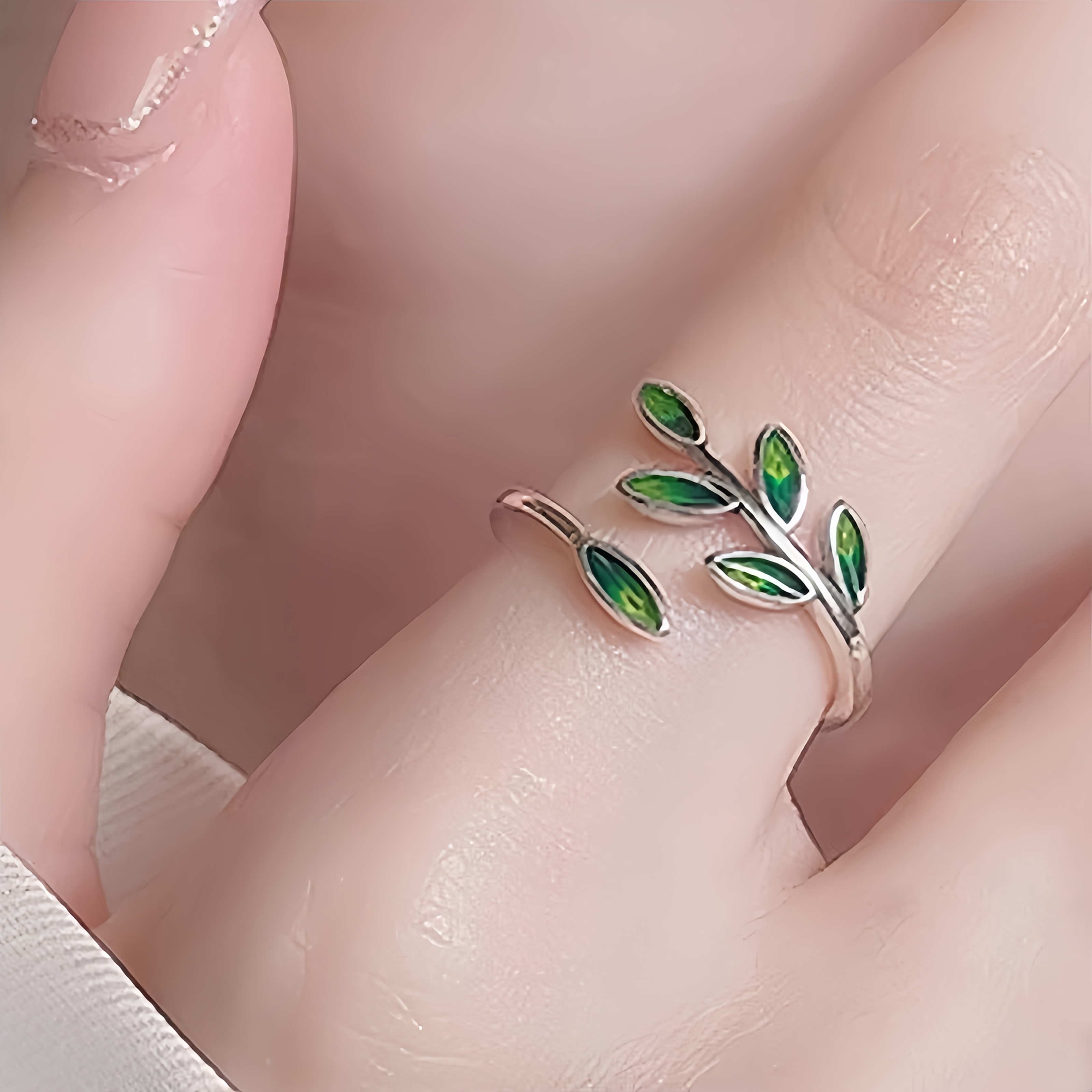 one silver plated     adjustable ring with gradient green enamel leaf nature inspired stackable design for daily wear and gifting statement ring