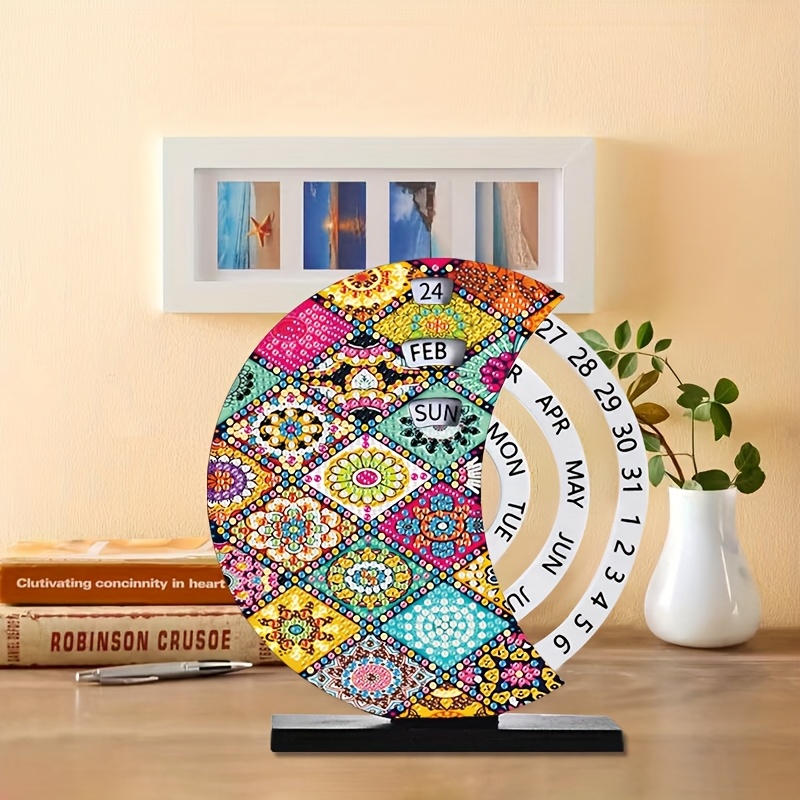TEMU Diamond Painting Rotating Calendar Set - Floral Mandala Design With Special Shaped Diamonds, Featuring A Rotating Day, Month, And Week Calendar