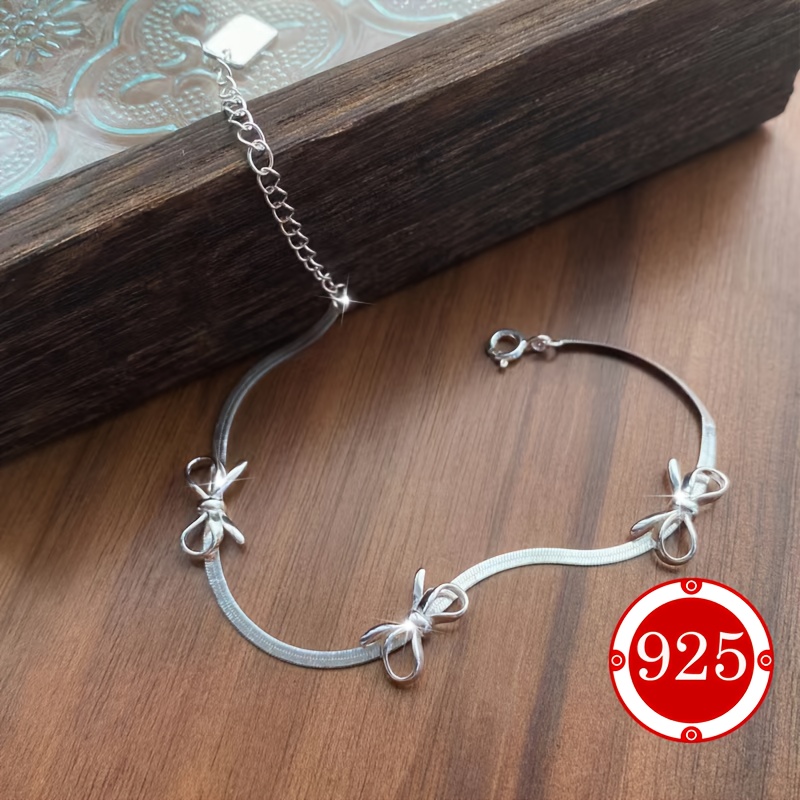 Women's 925 Silver Snake Bone Chain Bracelet with Bow