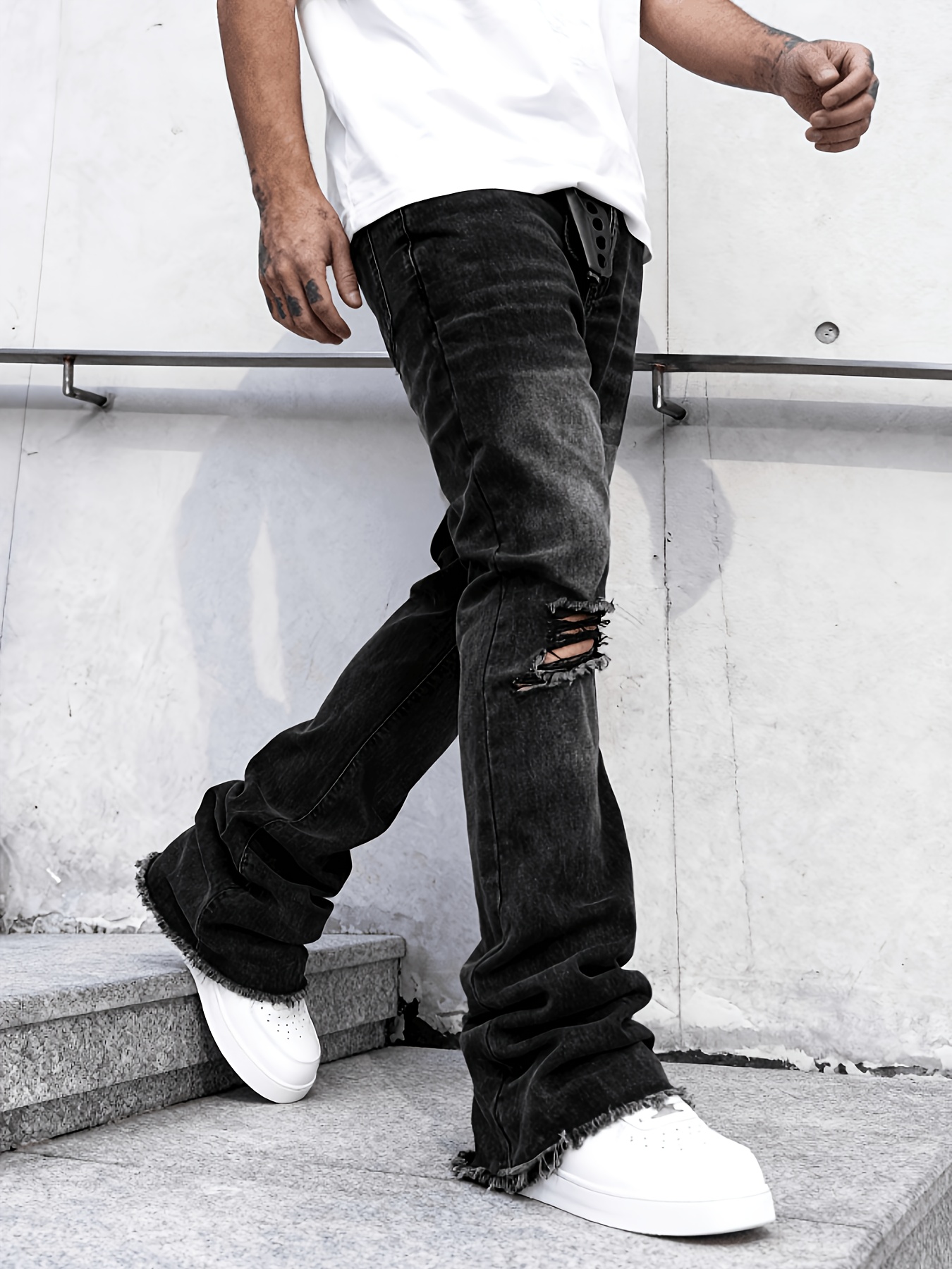 mens y2  fashion stacked pleated denim trousers black distressed   fit flared jeans featuring ripped details casual long denim pants for everyday use