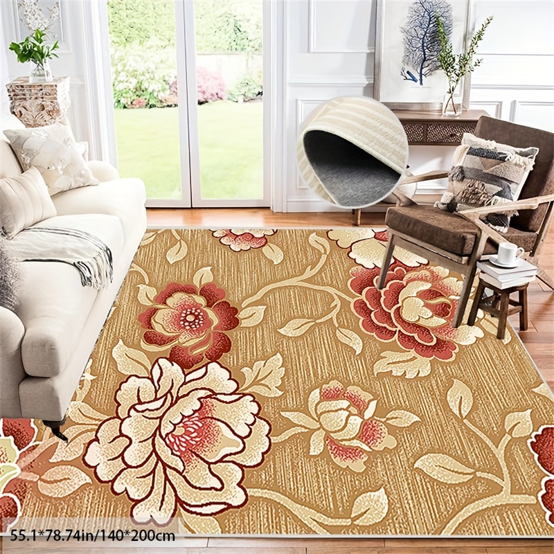 Area Rug Living Room Rugs: 8x10 Large Machine Washable Non Slip Thin Carpet  Soft Indoor Luxury Floral Stain Resistant Carpets for Under Dining Table