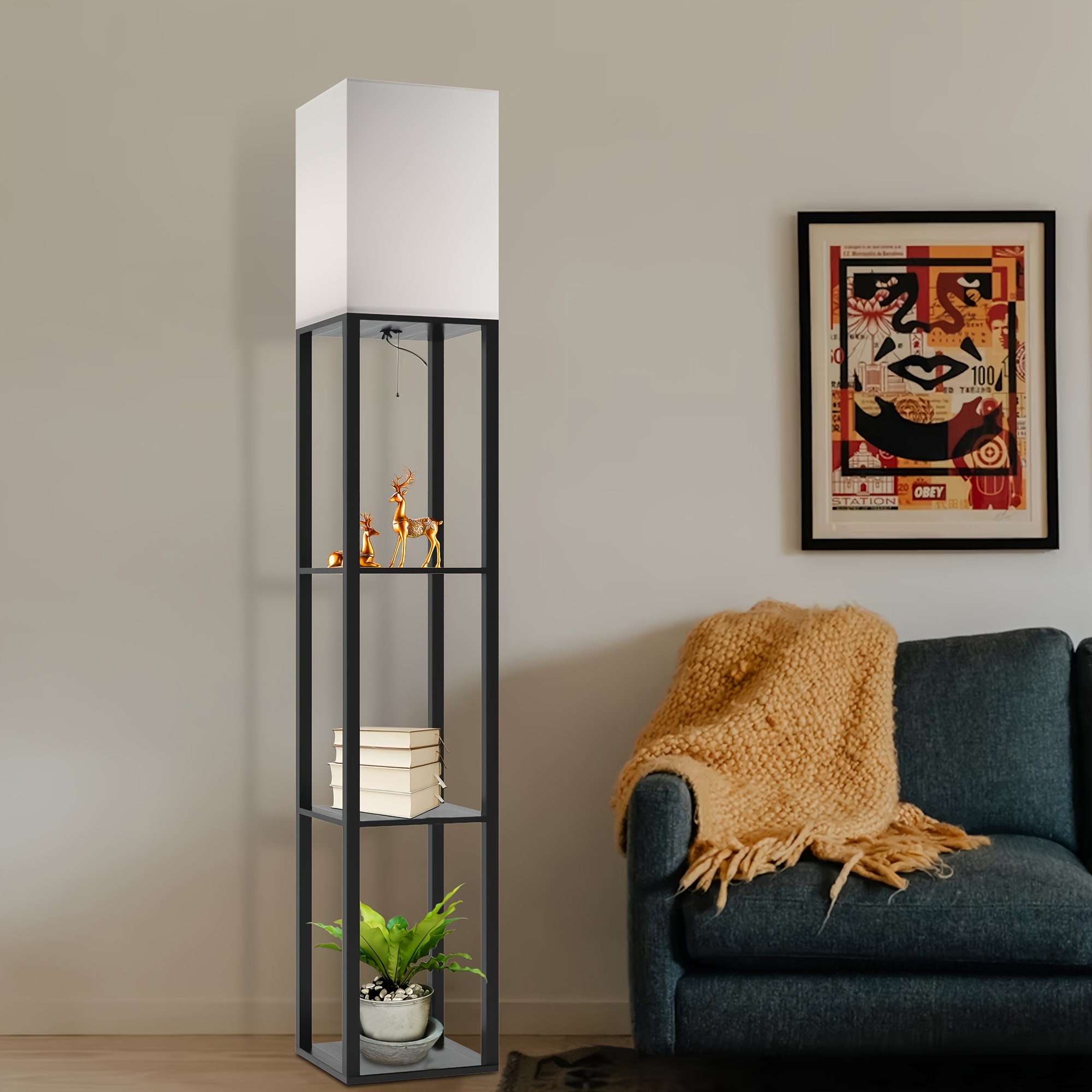 TEMU 1pc Column Floor Lamp With Shelves, Modern Shelf Floor Lamp With 9w Led Bulb, 3 Tier Storage Display Standing Reading Lamp Narrow Corner