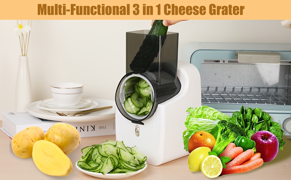 electric cheese grater electric slicer   electric vegetable slicer salad maker fruit cutter food processor spiralizer for fruits veggies with multi cone blades stainless steel white details 3