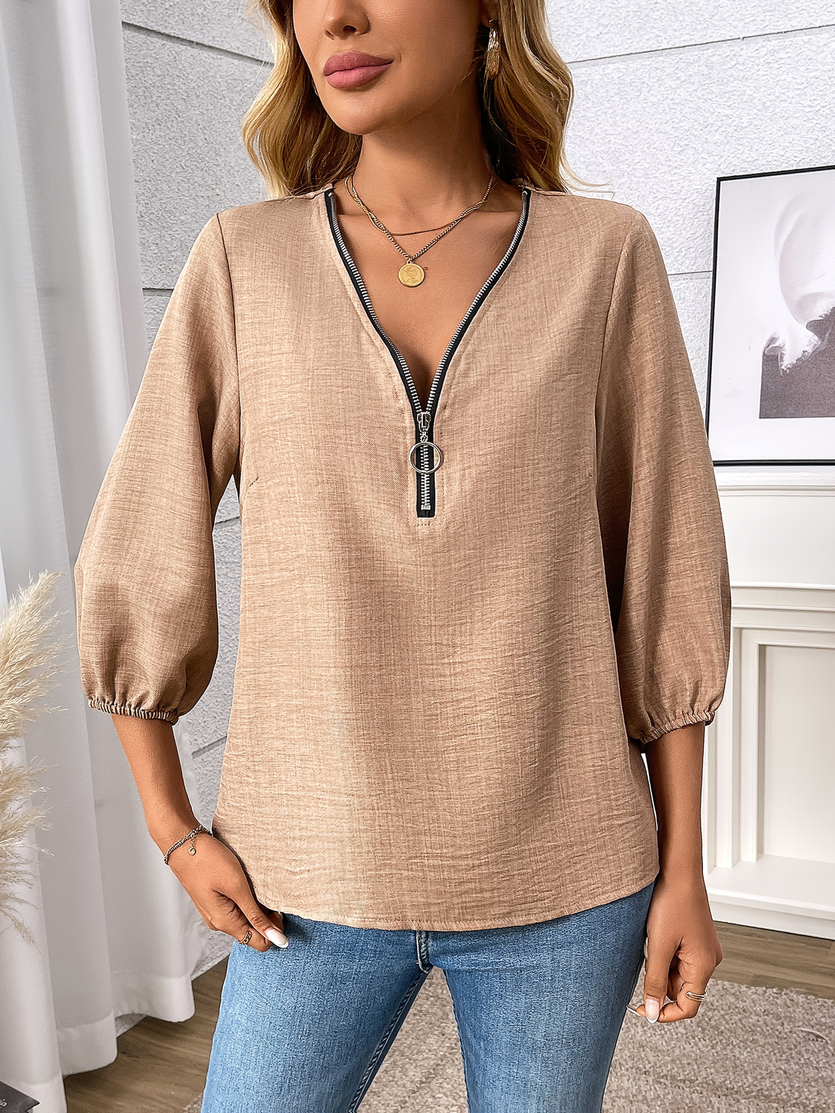 women's elegant v neck zip front blouse 3/4 sleeve Temu Oman