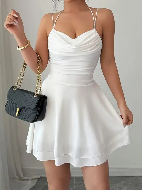 Women'S New Solid Color * Backless Sleeveless Ruched Design Dress, Showcasing * Fashion Dress, Evening Gown, Club Dress, Birthday Dress, Back-To- Outfit, Street Style, Romantic Dress, Party Essential, ... Women'S New Solid Color * Backless Sleeveless Ruched Design Dress, Showcasing * Fashion Dress, Evening Gown, Club Dress, Birthday Dress, Back-To- Outfit, Street Style, Romantic Dress, Party Essential, ...