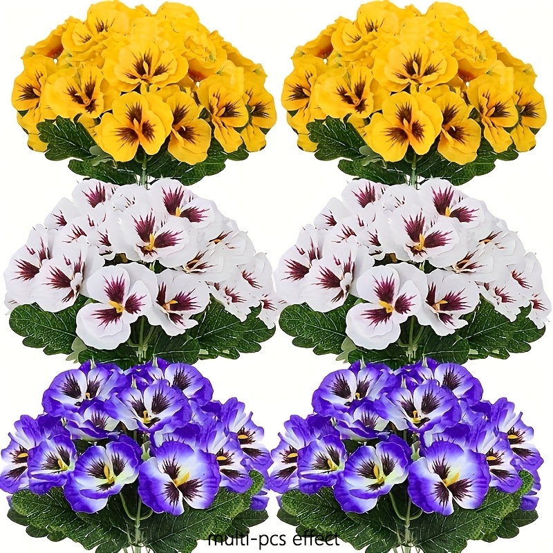three bunches of artificial pansy flowers realistic plastic   suitable for outdoor indoor use   by weather     purple yellow   garden and home decoration