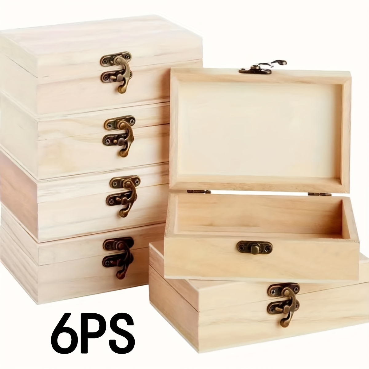 TEMU 6pcs Unfinished Wooden Jewelry Boxes With Hinged Lids And Clasp Ordinary Decorative Wooden Boxes For Art Hobbies Collection Handmade Jewelry