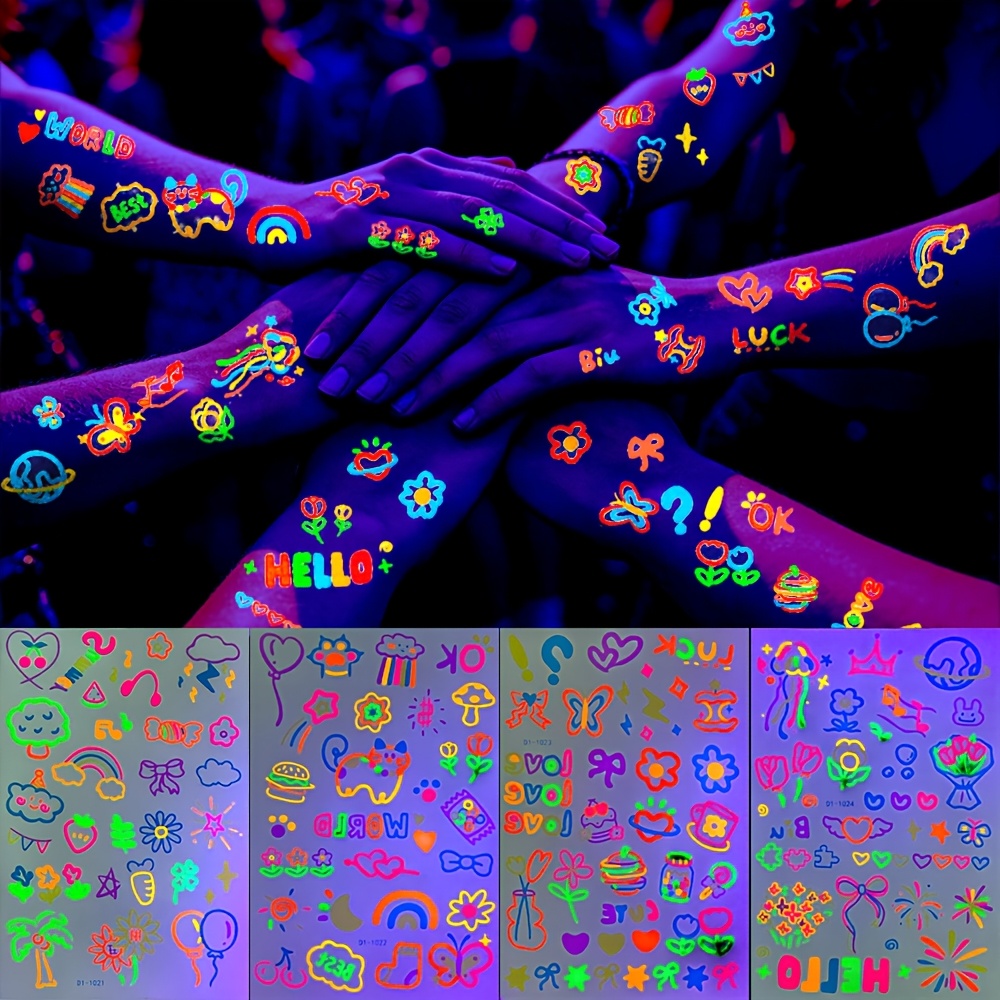 4 Hojas de Stickers de Tatuajes Neón, Flor, Corazón de Amor, Nube, Tatuajes Temporales, Sticker de Tatuaje Divertido y Lindo para Maquillaje Corporal