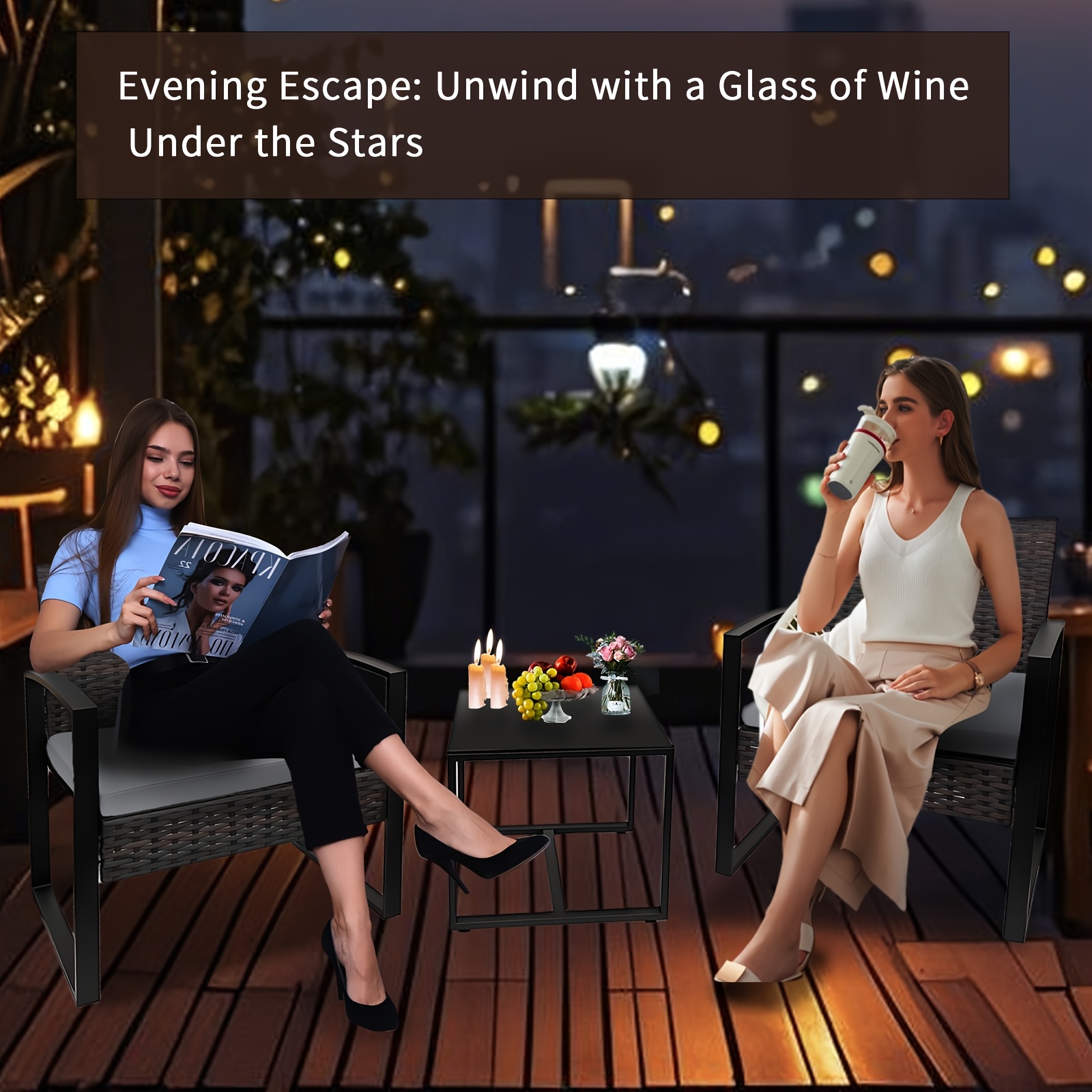 3pcs Patio Bistro Set, Wicker Outdoor Furniture Set, Modern Rattan Patio Chairs with Coffee Table, Patio Conversation Sets for Balcony, Front Porch, Garden, Poolside, Gray Cushions