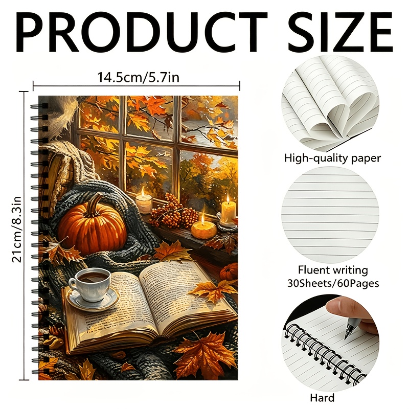 TEMU Aesthetic Autumn Spiral Notebook, Vintage Campus Planner, Autumn Leaves Notebook And Cozy Pastoral Journal, Gift For Women , Pumpkin And Maple