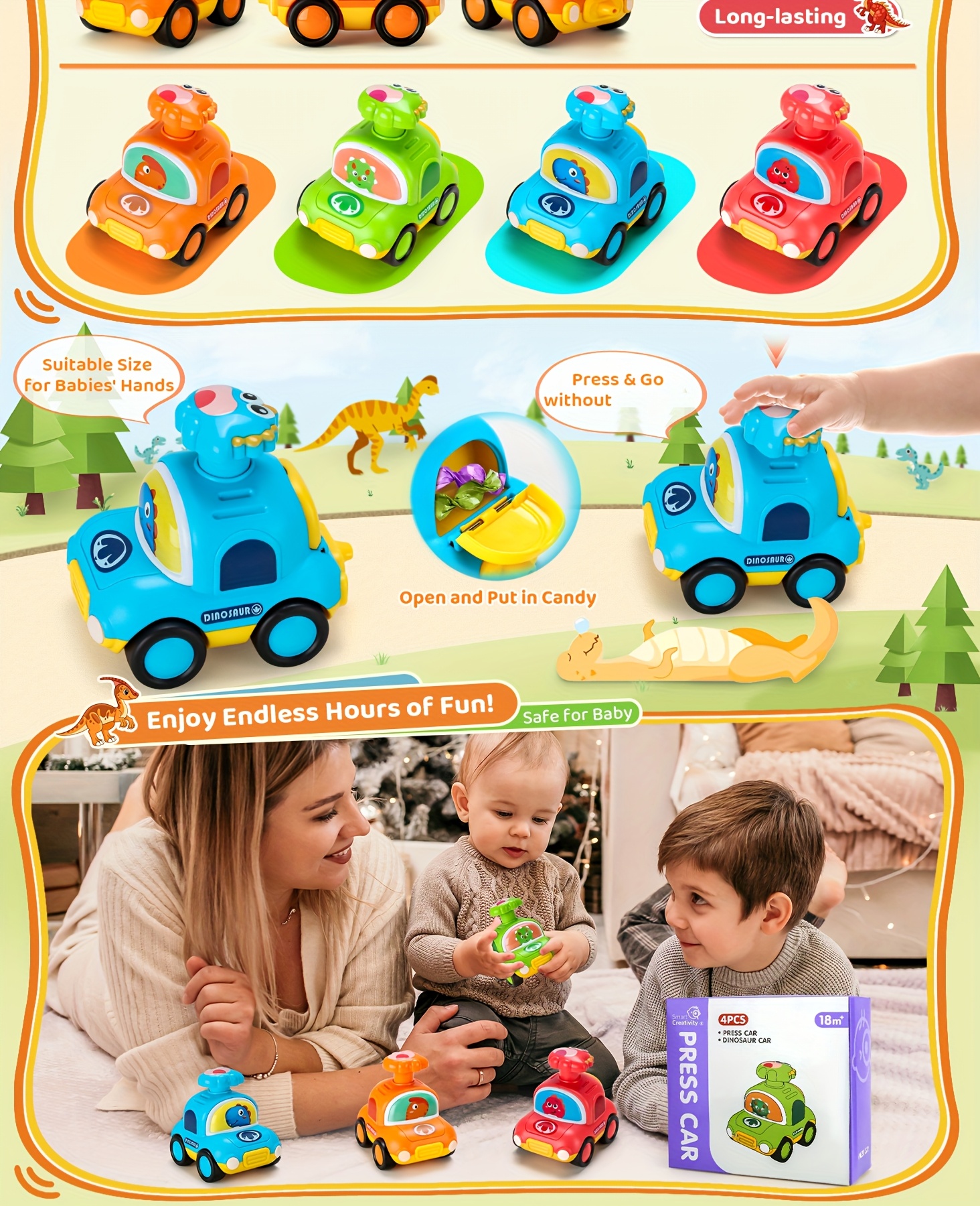 Push & Go Dinosaur Taxi Car - Manual Pull-Back Friction Motorized Toy Vehicle, No Batteries Needed, for Toddlers & Kids Ages 18 Months+, Birthday/Christmas/Easter Gift (Red, Green, Blue, Yellow,) - Develops Motor Skills & Coordination, Toddler Play Cars, Dinosaurthemed Cars, Nonelectric Cars