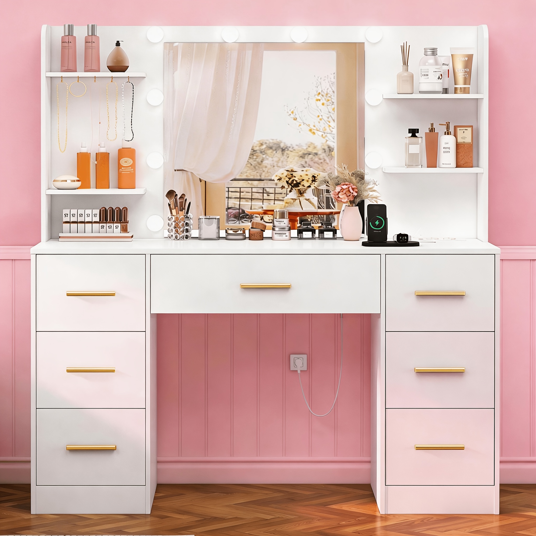 Set da scrivania con specchio illuminato a LED regolabile e presa di