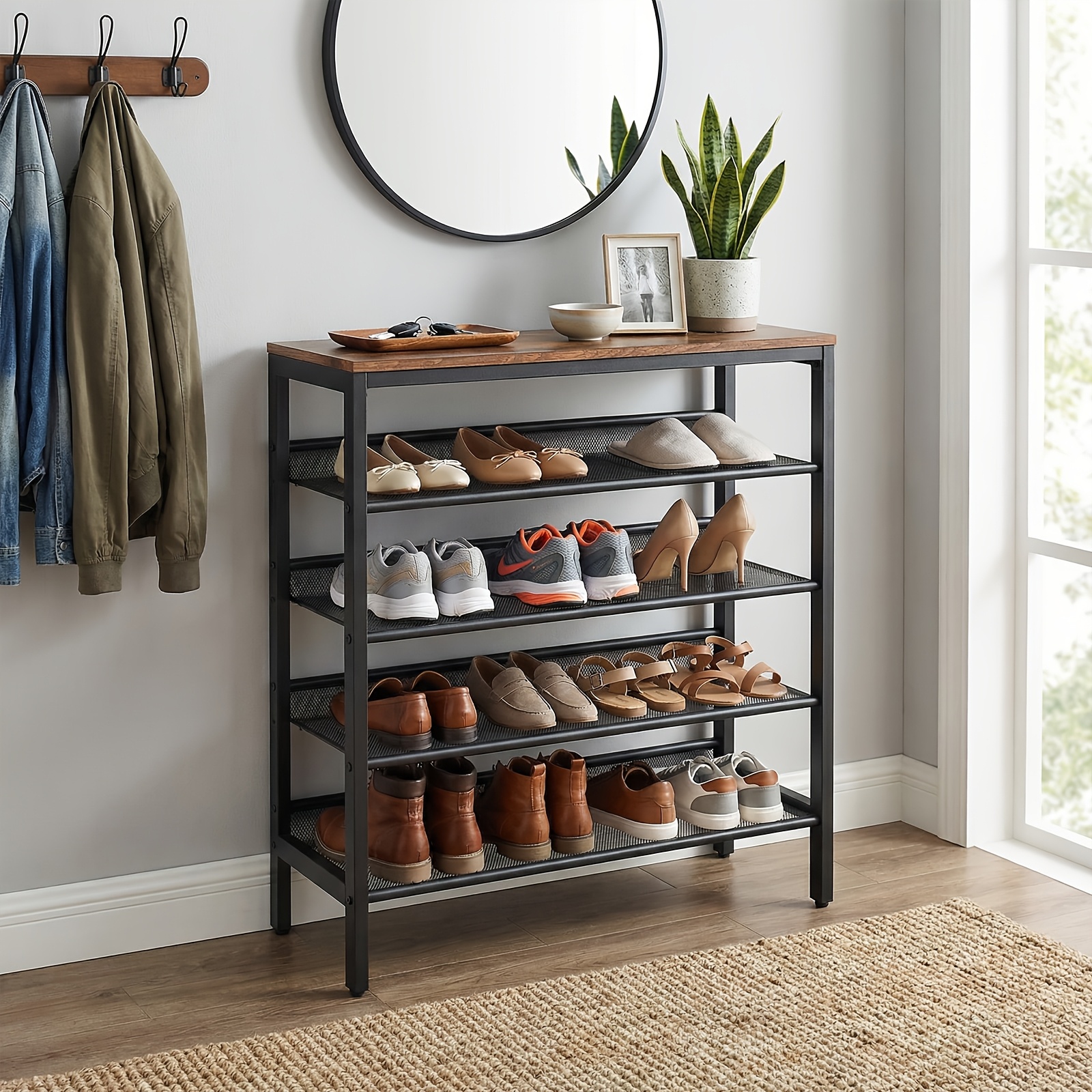 TEMU 5-tier Iron And Wood Shoe Rack, Adjustable 5-tier Shoe Rack, Durable Golden Metal Material, Flat Shoe Stool Suitable For Entrances, Corridors,