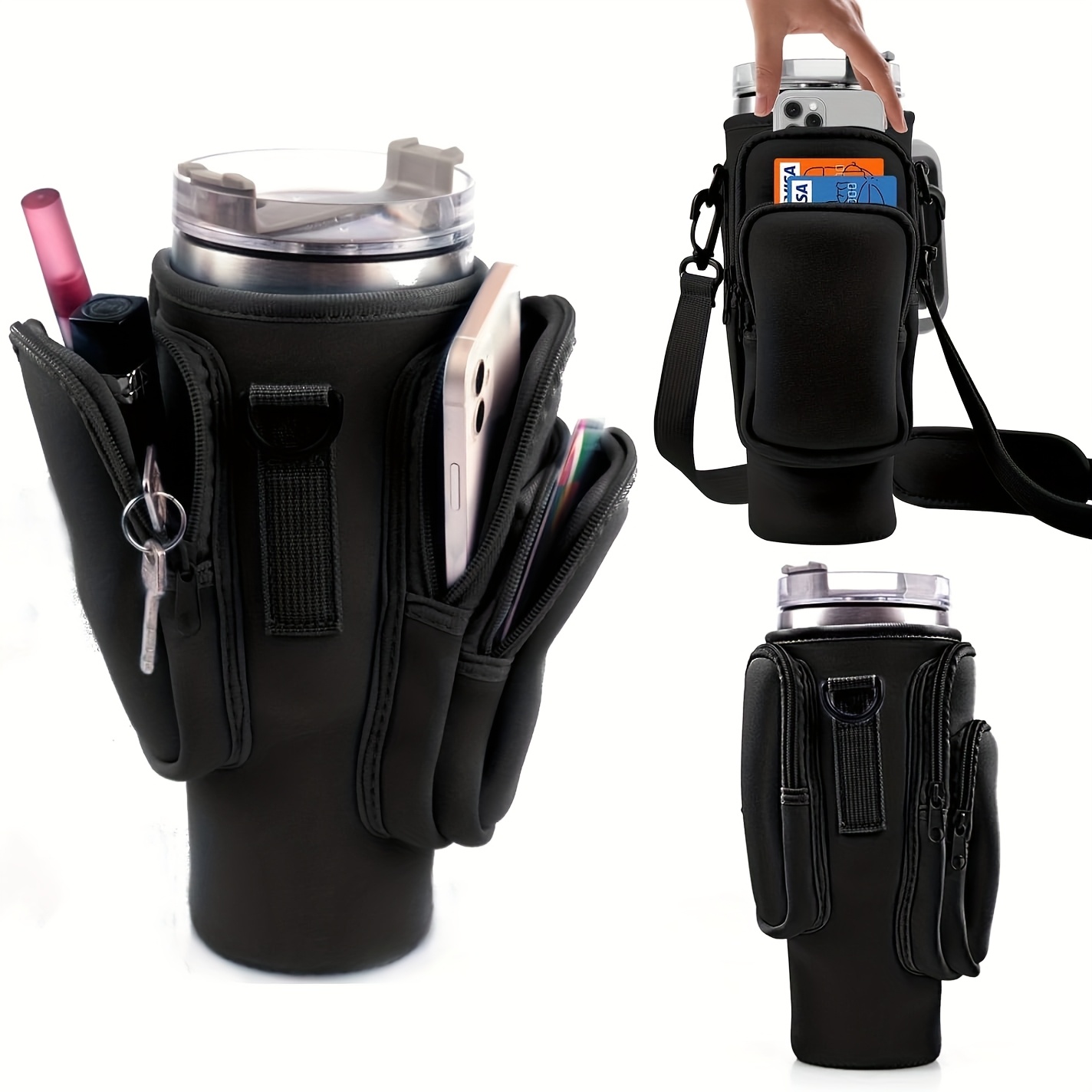 E-shop Tragetasche für Wasserflasche mit Handyfach für 40/30oz Becher, Neopren-Wasserflaschenhalter-Tasche, Becherzubehör, insgesamt 3 Fächer,