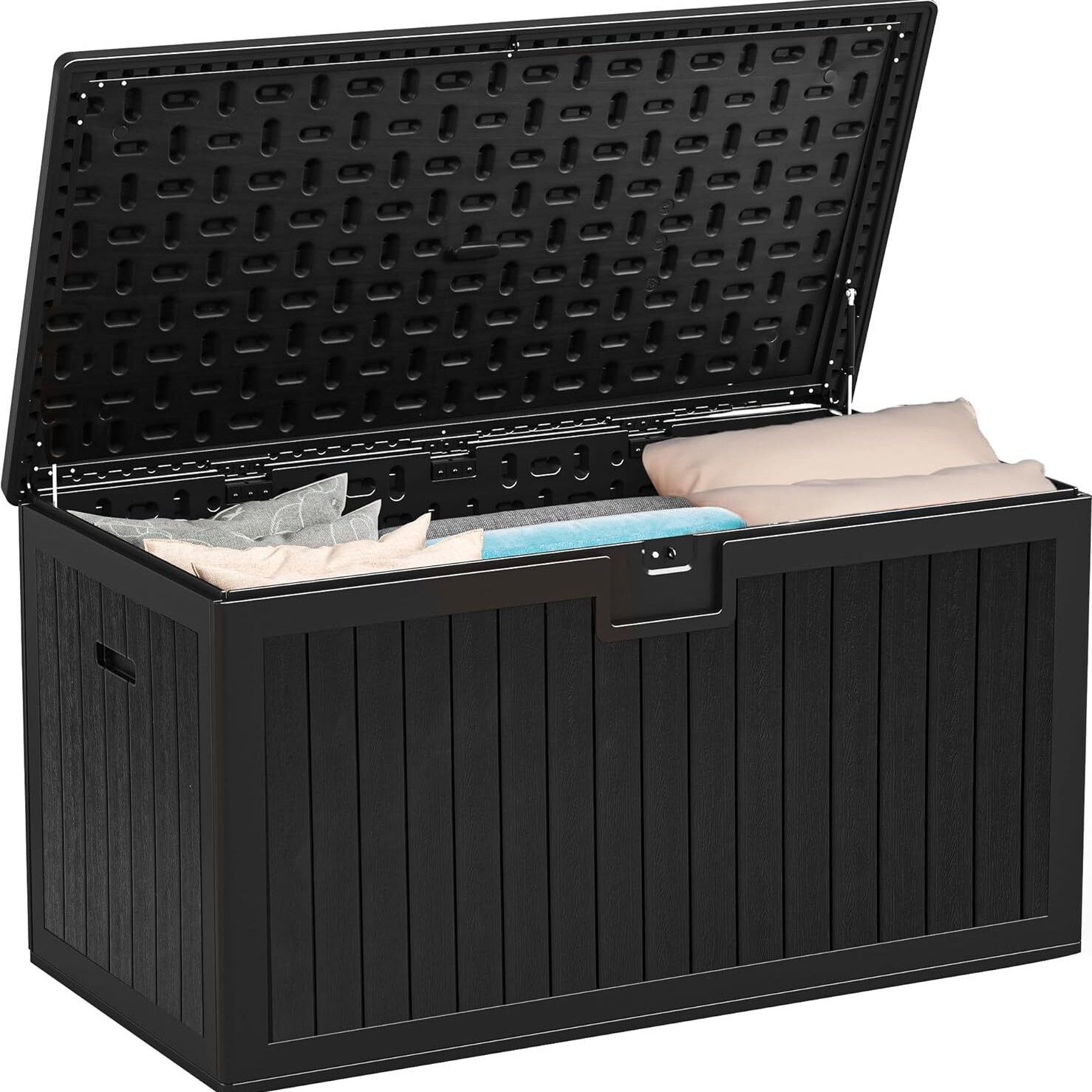 Image of Heavy Duty Resin Deck Box 567, 8l, Large Outdoor Storage Box With Lockable Lid, Multifunctional Patio Bench For Storing Cushions Pool Supplies And Garden Tools