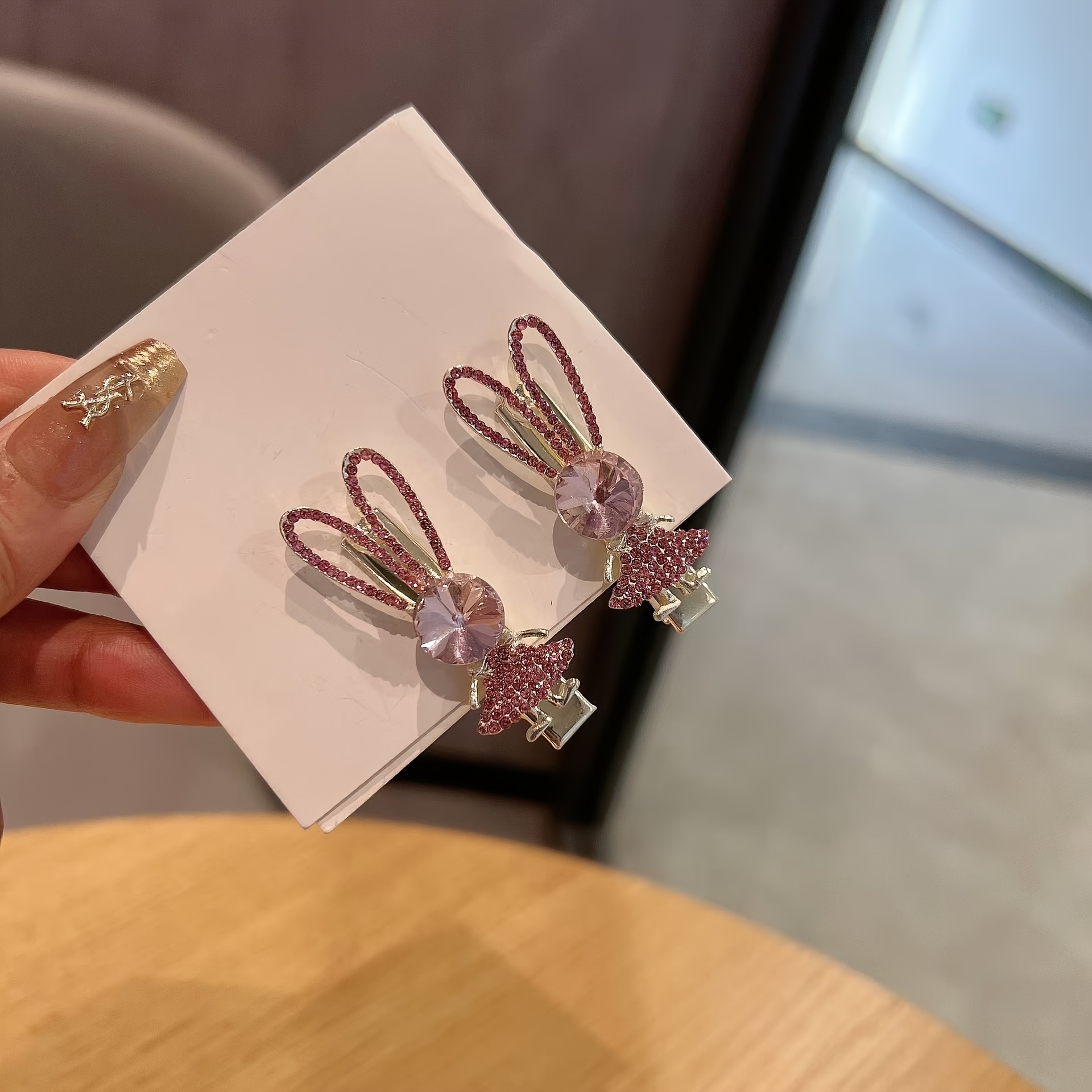 TEMU 2pcs Elegant Alloy Hair Clips, Minimalist Style, Pink, Solid Color, Hollow Font Shape, Cute Design, With Rabbit Ear, For Women, Daily Wear,