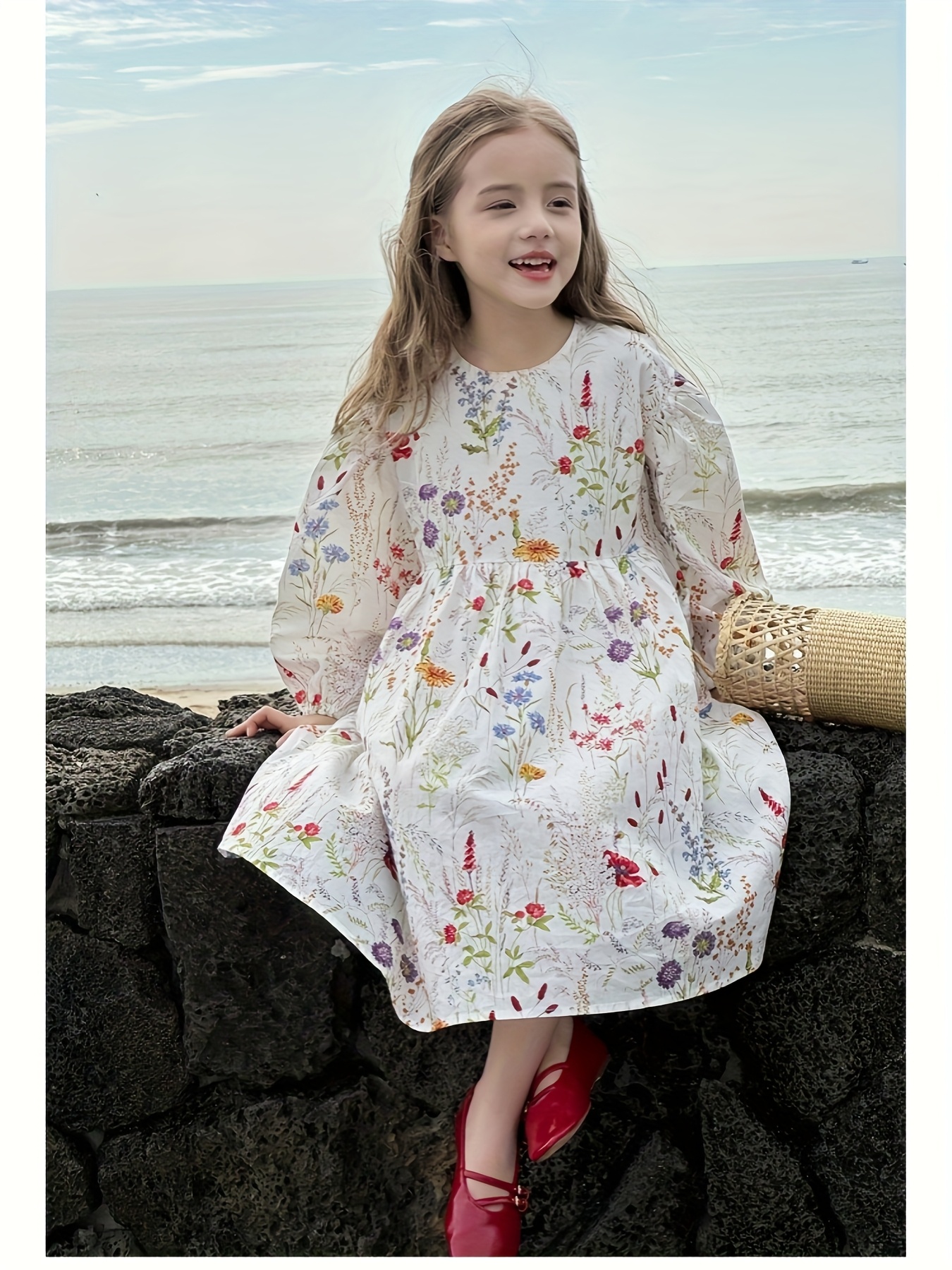 Girls' Bohemian Floral Print Princess Dress - *-Length Layered Skirt with  Round Neck, Machine Washable Summer Dress for * Casual Beach Outfits, Beach  Playwear | Floral Girls' Outfit | Flowing Design
