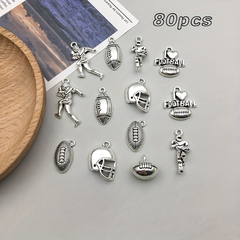 

80pcs Sports Theme Multi-style Simulation American Football, Football Series Alloy Pendant Mixed, Diy Earrings, Necklaces, Bracelets Decorative Pendants, Jewelry Making Parts, Jewelry Making Supplies