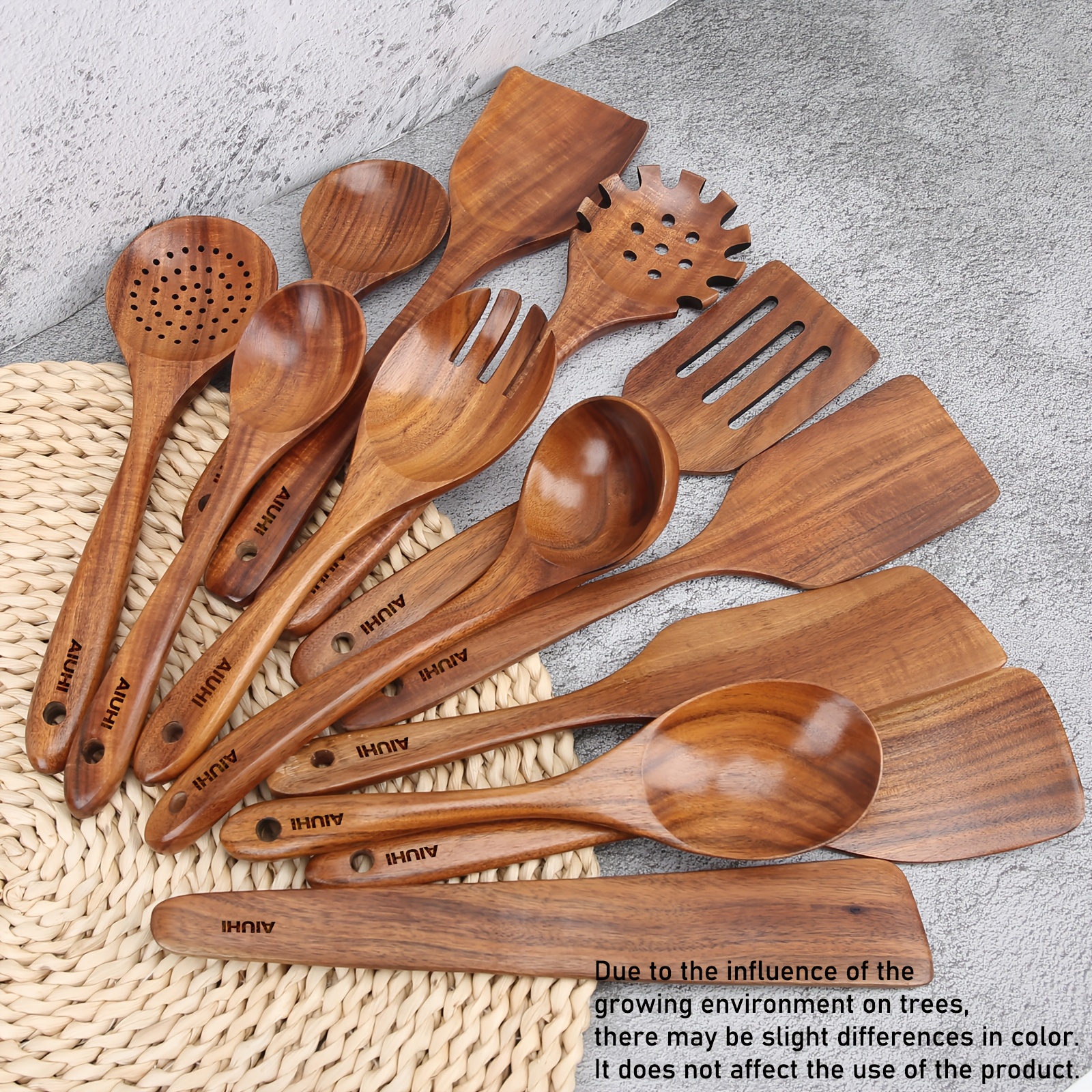 Aiuhi 13pcs Wooden Cooking Spoon Set, Durable And Nonstick Kitchen Spatula And Soup Spoon For Meal Preparation
