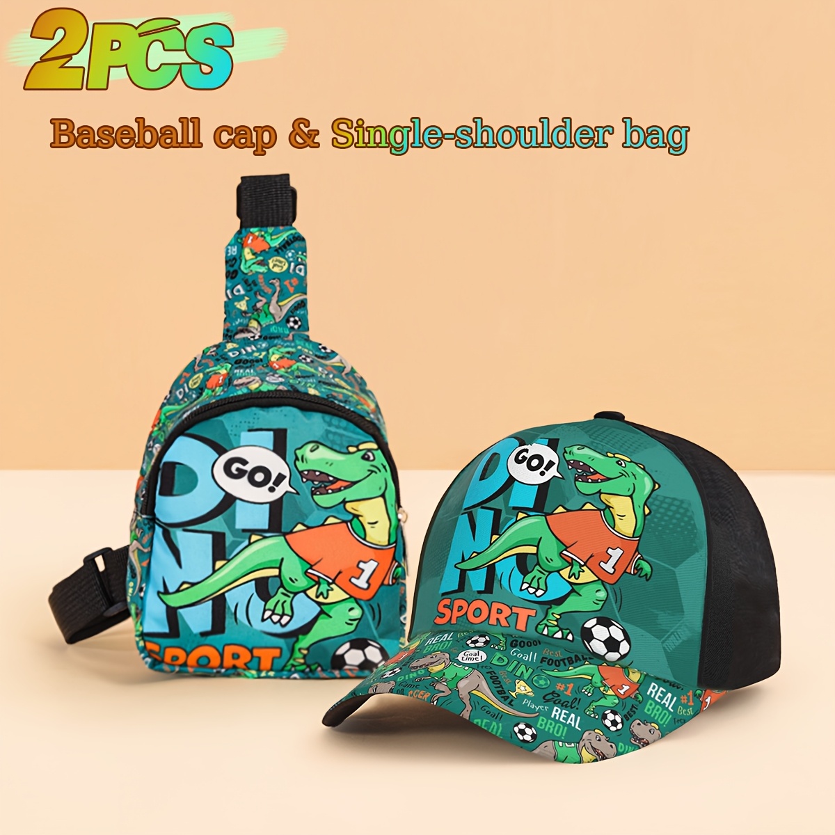 2pcs Boys' Soccer And Dinosaur Print Baseball Cap And Matching Dinosaur Chest Bag, Stylish Trendy Outfit Set For Boys, Ideal For Daily Family , Picnics And Travel, Perfect Gift For And Grandsons