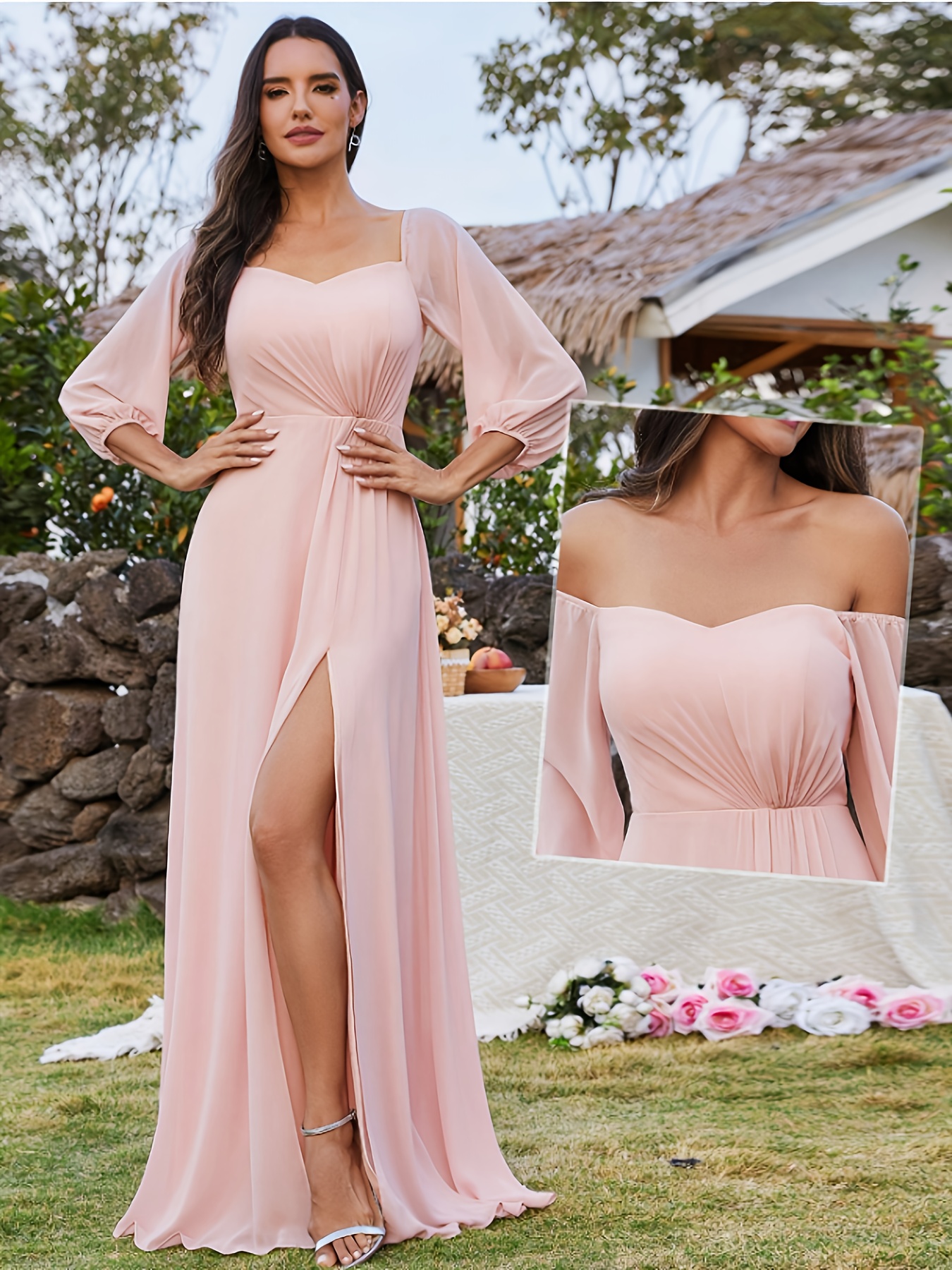 1pc Long Sleeve Off-Shoulder Dress *-Shoulder Long Skirt Fashion Elegant  Women'S Wedding Gown Bridesmaid Dress Women'S Clothing Wedding Party Dress  Graduation Ceremony Party Dress Valentine'S * Outfit ...