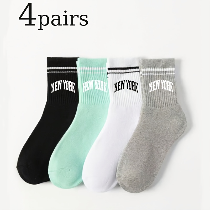 4-pair Brooklyn Sports Socks - Black And White Contrast Stripe, Unisex Mid-calf Breathable Casual Socks, Everyday Comfortable And Durable Material, For Fitness Enthusiasts