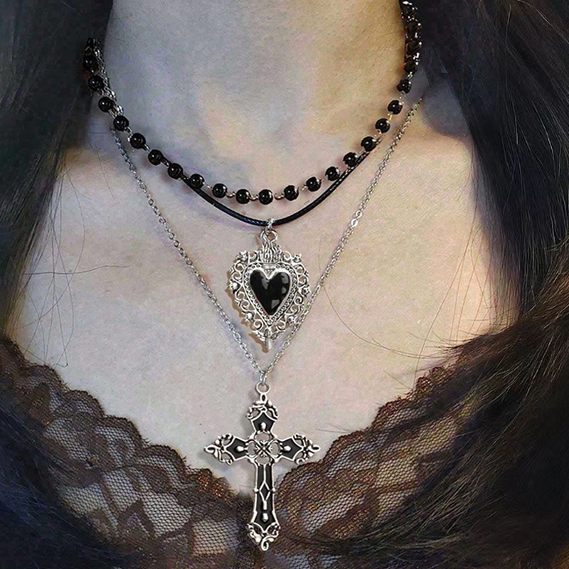 Image of 3pcs Dark Gothic Cross Red Heart Pendant Chain Necklace Set, Suitable For Girls And 's Party Jewelry Gift, For Teenager