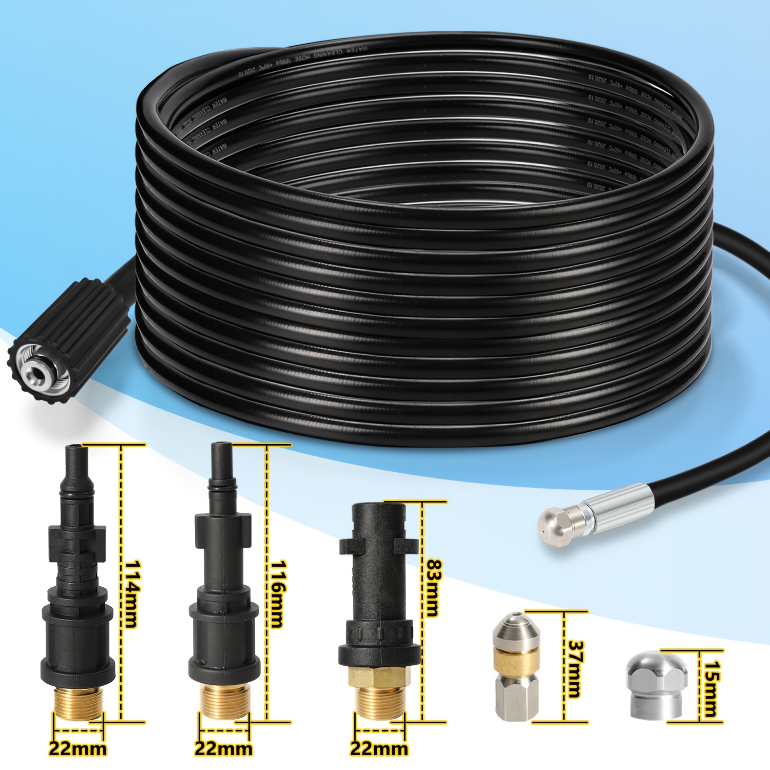 Image of 20-metre Pipe Cleaning Hose, 180 Bar, Pipe Cleaning Kit Including 3 Adapters + 2 Rotating Nozzles, Universal Hose Cleaning Kit, High-pressure Hose