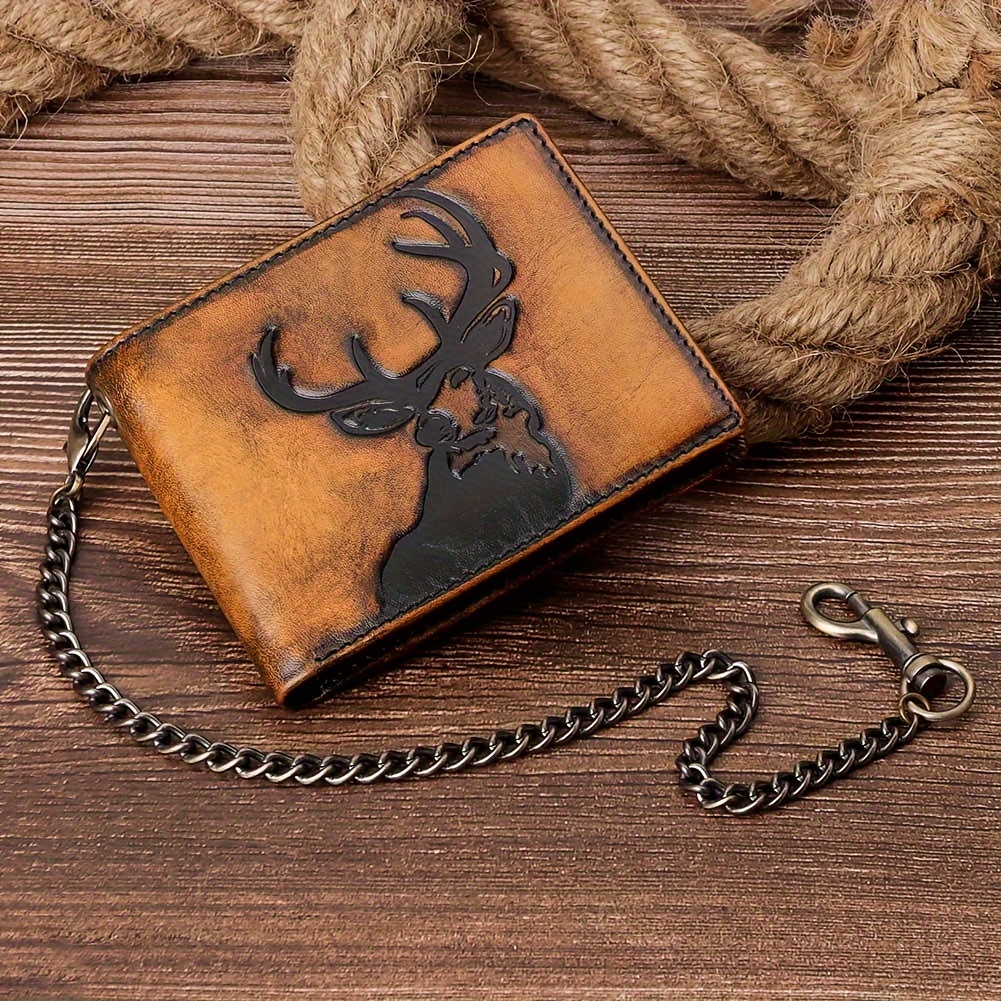 

Humerpaul Layer Cowhide Card Case Wallet With Metal Chain, Deer Pattern, , , Non-braided, Polyester Interior - Unique Hand-rubbed Dark Brown Leather