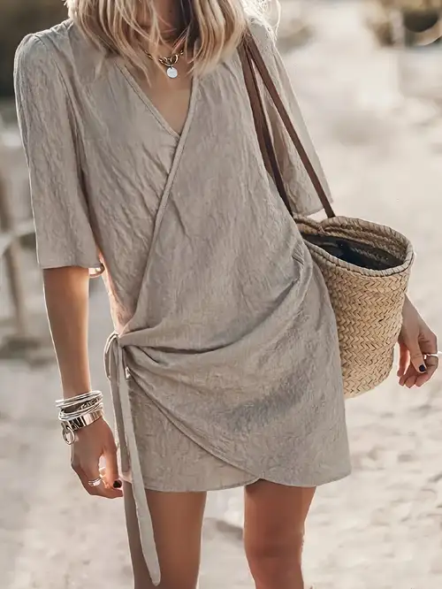 Women's Elegant * V-Neck Wrap Dress with Twisted Waist *-Sleeve Cropped Dress, Commuter Casual Beach Dress, and Leg-Lengthening Everyday Elegant Dress, Loose and Relaxed Vacation Wear Item YTD Cherry Women's Elegant * V-Neck Wrap Dress with Twisted Waist *-Sleeve Cropped Dress, Commuter Casual Beach Dress, and Leg-Lengthening Everyday Elegant Dress, Loose and Relaxed Vacation Wear Item YTD Cherry