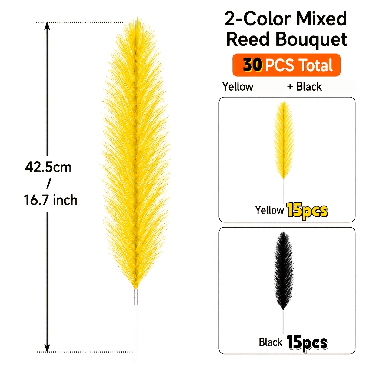 TEMU 30pcs Set Of Yellow And Black Realistic Reed Grass Bouquets, And Soft Artificial Pampas Grass Decorative Stems, Vase Filler, Suitable For